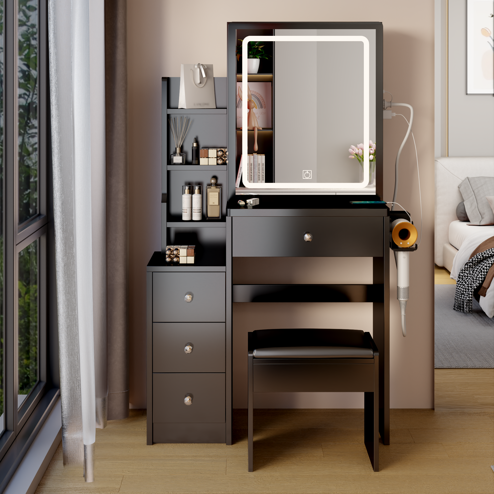 HAOYYE Small Space Left Bedside Cabinet Vanity Table + Cushioned Stool, 2 AC+2 USB Power Station, Hair dryer bracket, Extra Large Touch Control Sliding LED Mirror, Tri-color Switching, Brightness Adjustable