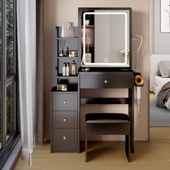 HAOYYE Small Space Left Bedside Cabinet Vanity Table + Cushioned Stool, 2 AC+2 USB Power Station, Hair dryer bracket, Extra Large Touch Control Sliding LED Mirror, Tri-color Switching, Brightness Adjustable
