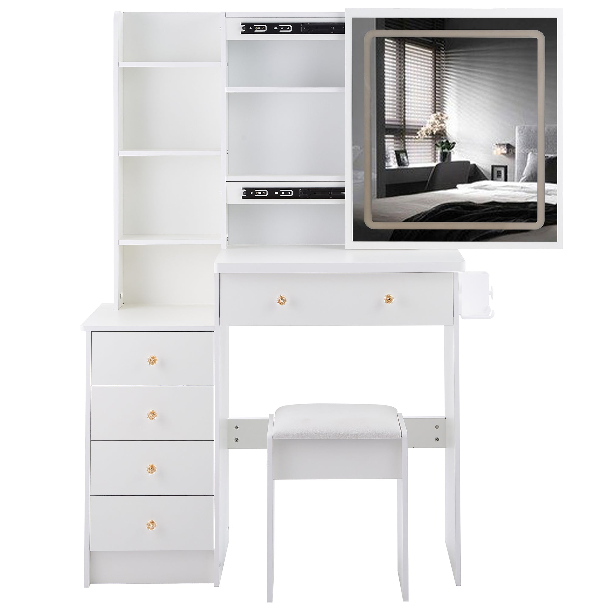 HAOYYE 37" Middle Size Left Bedside Cabinet Vanity Table + Cushioned Stool Dresser Set, 2 AC+2 USB Socket, Hair Dryer Stand, Large Touch Control LED Sliding Mirror, 3-color Switch, EPA, GCC, UL Certificate