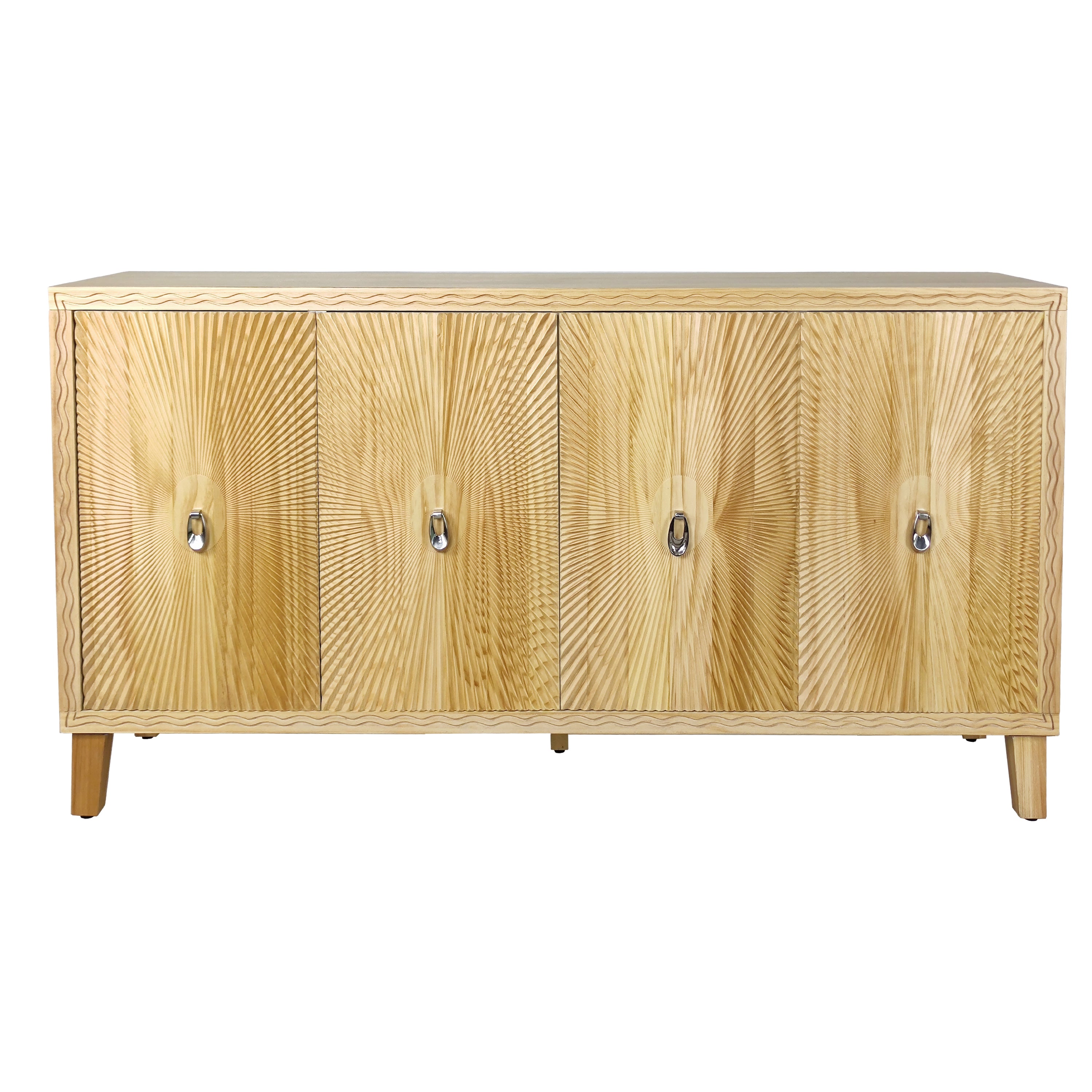 HAOYYE Vintage Storage Cabinet with Carved Scatter Pattern, 4 Door Dining Sideboard and Adjustable Shelves, Versatile Buffet and Accent Cabinet for Living Room, Kitchen, and Hallway, Sturdy and Space-Saving Design in Natural Finish