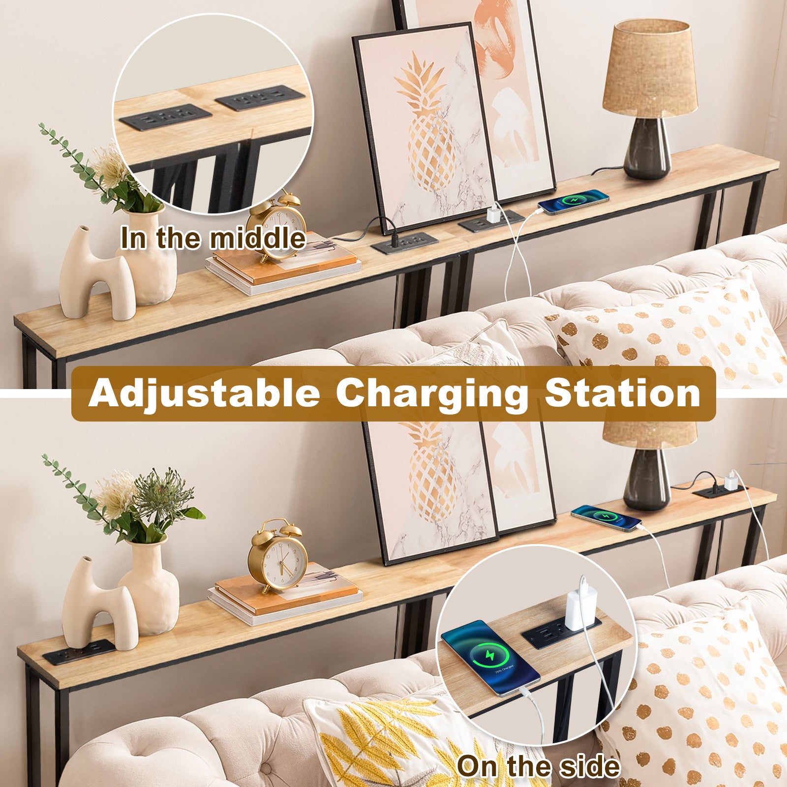 HAOYYE Oak 2 Pack Narrow Console Sofa Tables with Built-In Power Outlets and USB Ports, Long Couch Tables with Sturdy Metal Frame and 4.9ft Extension Cord, Space-Saving Charging Stations for Living Rooms, Dorms, Apartments