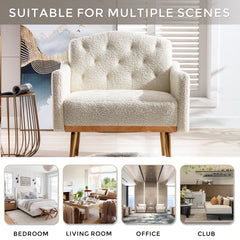 HAOYYE Modern Accent Chair with Arms, Tufted Decorative Fabric Armchair with Gold Metal Legs, Upholstered Reading Chair for Living Room Bedroom Office (White Teddy) Sturdy Space-Saving Heavy Duty
