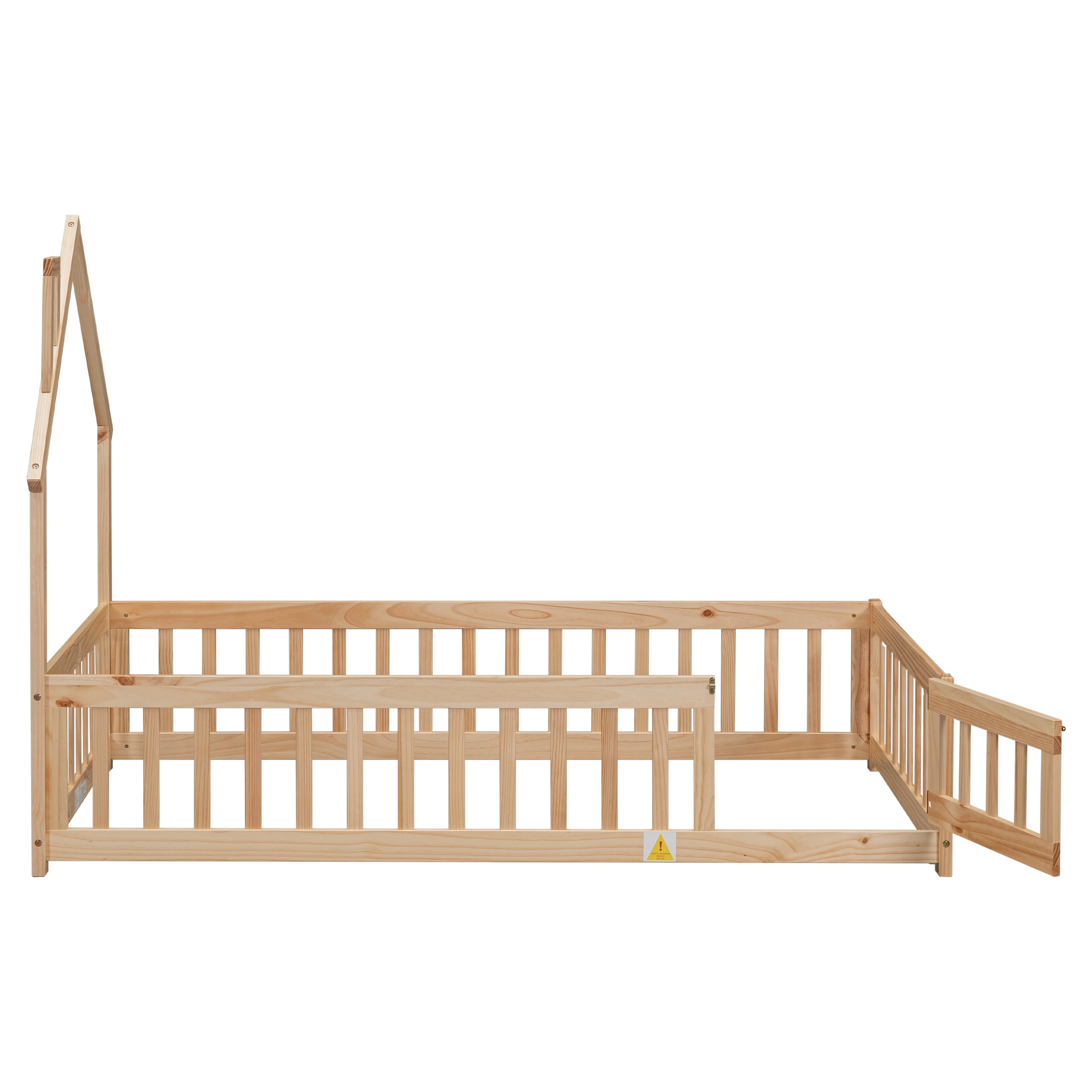 HAOYYE Twin House-Shaped Headboard Floor Bed with Fence ,Natural Sturdy Space-Saving Heavy Duty Modern Design Adults Dorm Room Easy Assembly Bedroom Furniture