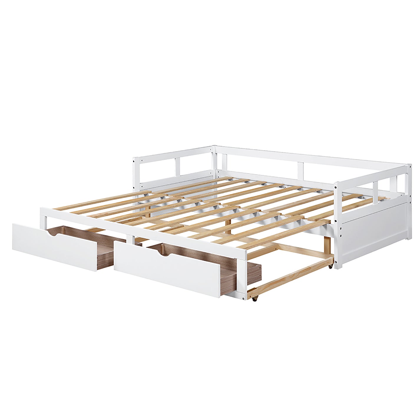HAOYYE Wooden Daybed with Trundle and Storage Drawers, Extendable Sofa Bed for Bedroom or Living Room, White, Sturdy Space-Saving Design, Heavy Duty Construction, Easy Assembly, Durable and Stylish Home Furniture