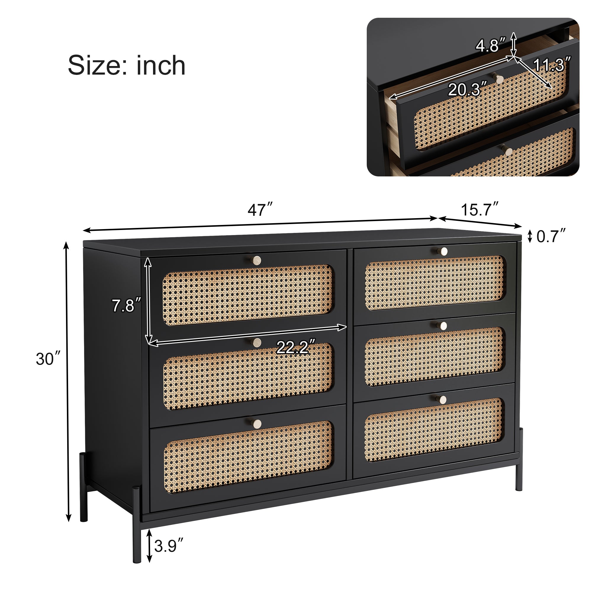 HAOYYE Modern Rattan Wood 6-Drawer Dresser, Storage Cabinet With Cannage Design, Versatile Sideboard For Bedroom, Living Room, Entryway, Or Hallway, Black, Sturdy Space-Saving Heavy Duty Design