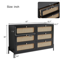 HAOYYE Modern Rattan Wood 6-Drawer Dresser, Storage Cabinet With Cannage Design, Versatile Sideboard For Bedroom, Living Room, Entryway, Or Hallway, Black, Sturdy Space-Saving Heavy Duty Design