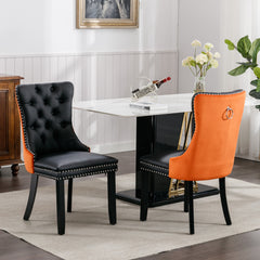 HAOYYE Nikki Collection Modern, High-end Tufted Solid Wood Contemporary PU and Velvet Upholstered Dining Chair with Wood Legs Nailhead Trim 2-Pcs Set lack+Orange, SW2101BO Sturdy Space-Saving