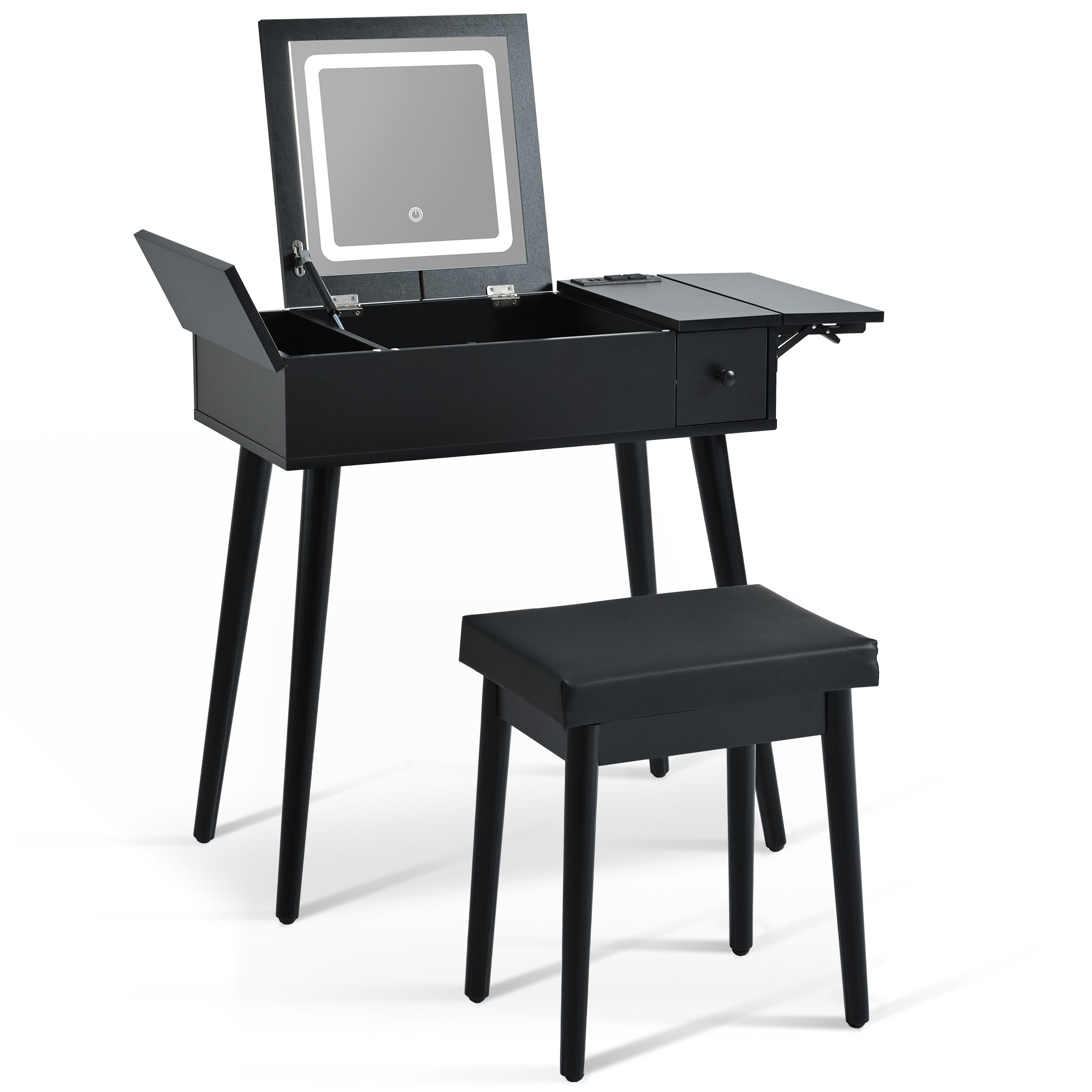 HAOYYE 27.9'' Black Makeup Vanity Desk with Flip Top Mirror and LED Light, Dressing Table with Charging Station, 2 Drawers and Fold-up Panel, Vanity Set with Cushioned Stool for Bedroom