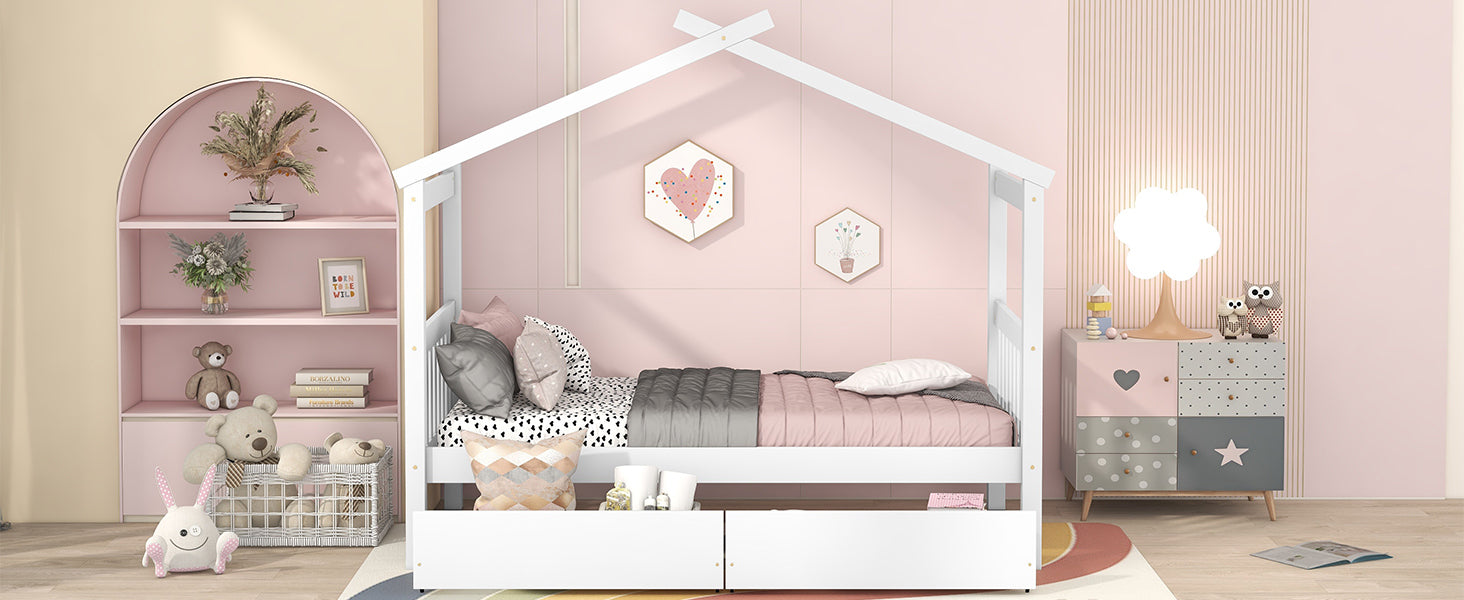 HAOYYE Twin Size Wooden House Bed Frame With Drawers, White, Space-Saving Heavy Duty Modern Design For Adults And Dorm Rooms, Easy Assembly Bedroom Furniture