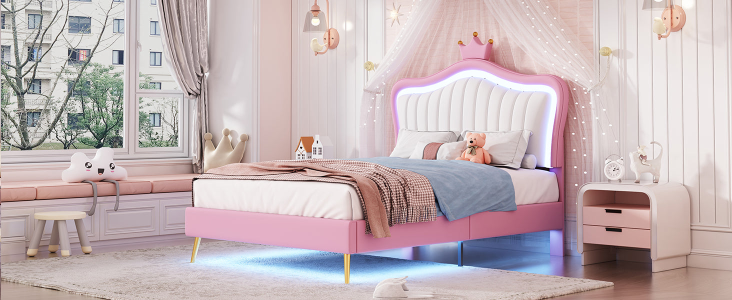 HAOYYE Twin Size Upholstered Bed Frame with LED Lights, Modern Upholstered Princess Bed With Crown Headboard,White+Pink Sturdy Space-Saving Heavy Duty Modern Design Adults Dorm Room Easy Assembly