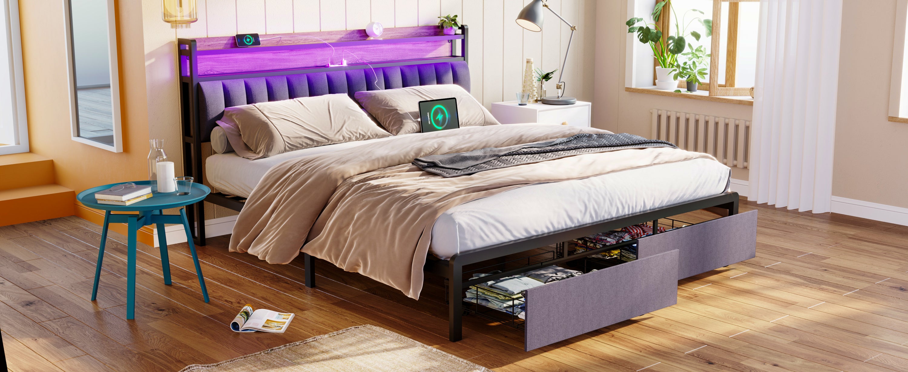 HAOYYE King Bed Frame with Storage Headboard, Drawers, LED Lighting, and Built-in Charging Station, Modern Upholstered Platform Design, Sturdy Space-Saving Grey Construction, No Box Spring Needed, Easy Assembly