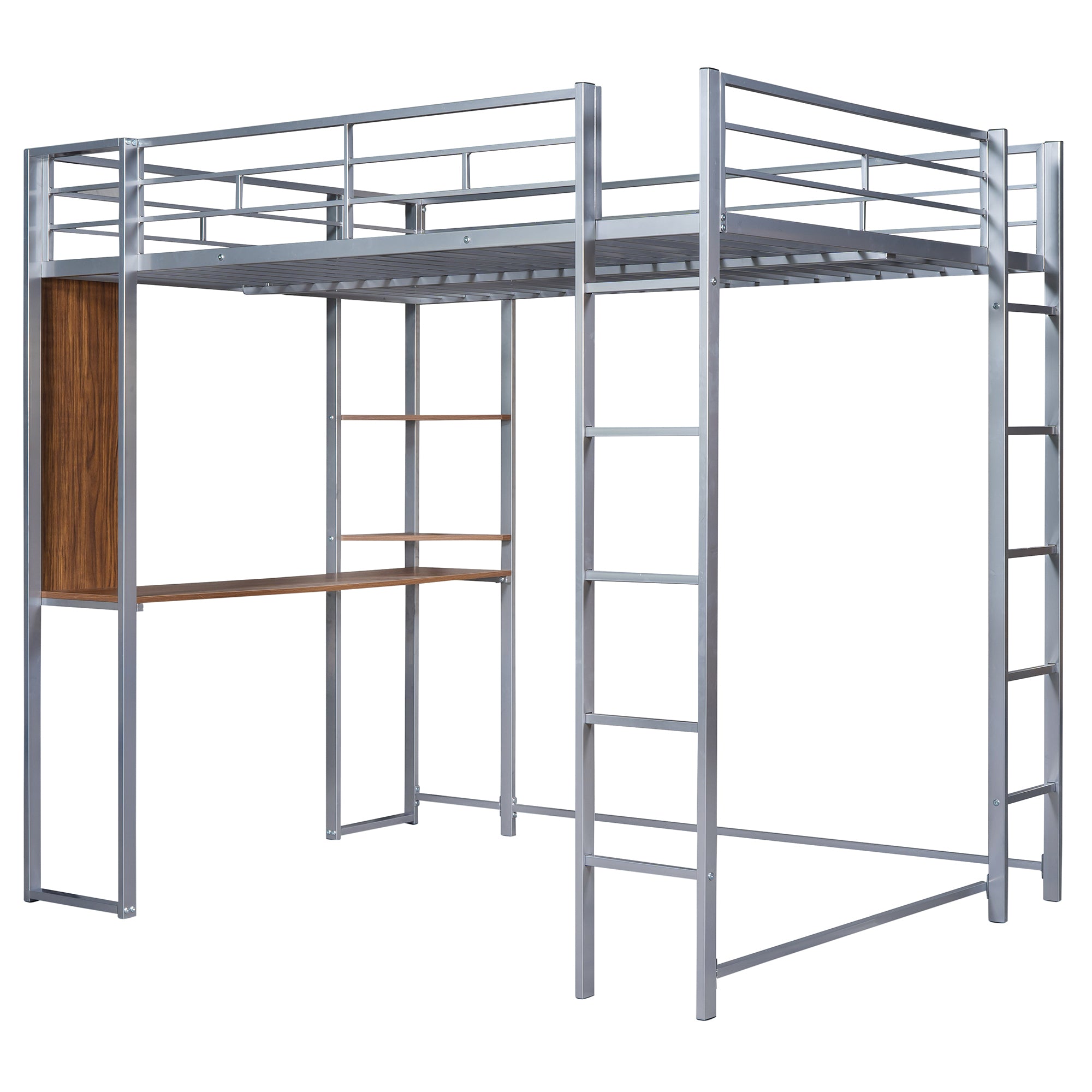 HAOYYE Full Size Metal Loft Bed with 2 Built-in Shelves & Desk, Silver – Space-Saving Design with Sturdy Metal Frame, Includes Full-Length Guardrails & Ladder, No Box Spring Needed, Perfect for Small Bedrooms & Dorm Rooms