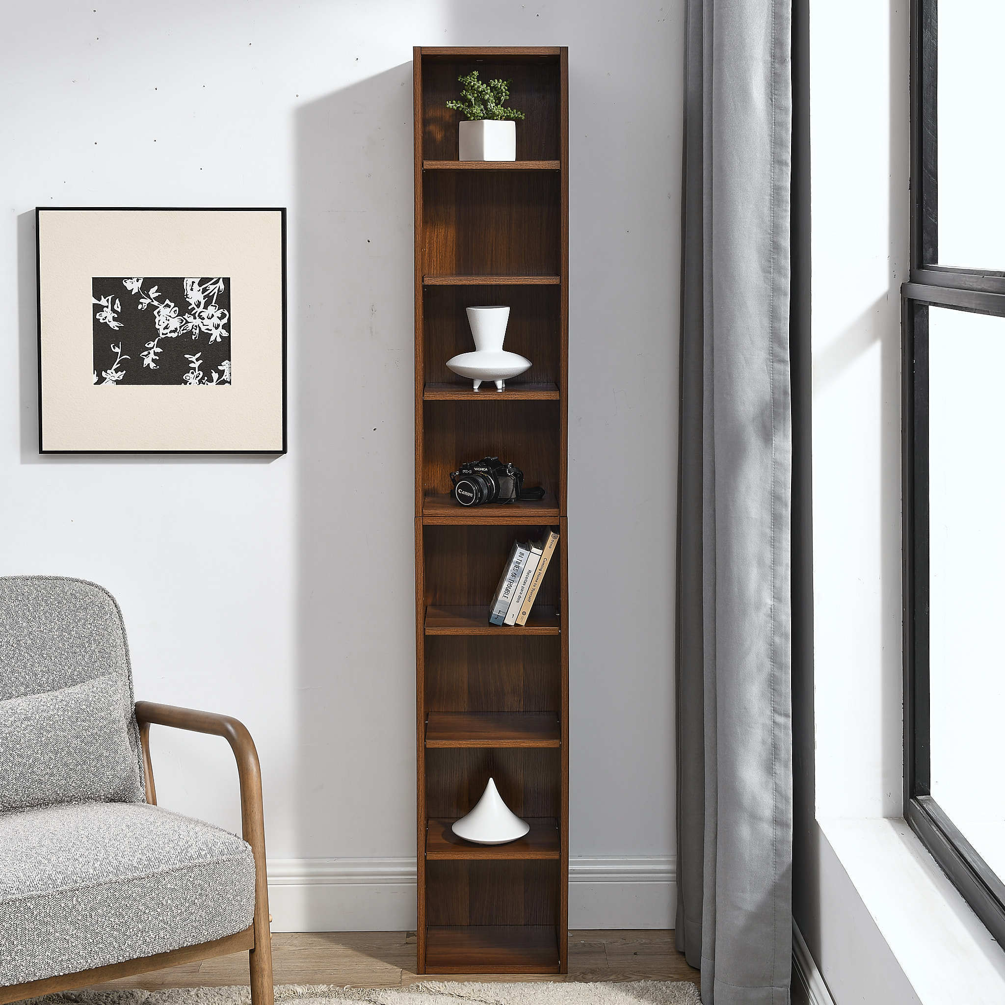 Haoyye 8-Tier Media Tower Rack, CD DVD Slim Storage Cabinet, Adjustable Shelves for Home Office, Multifunctional Double-Decker Bookcase, Sturdy Space-Saving Bookshelf for Tall Narrow Display
