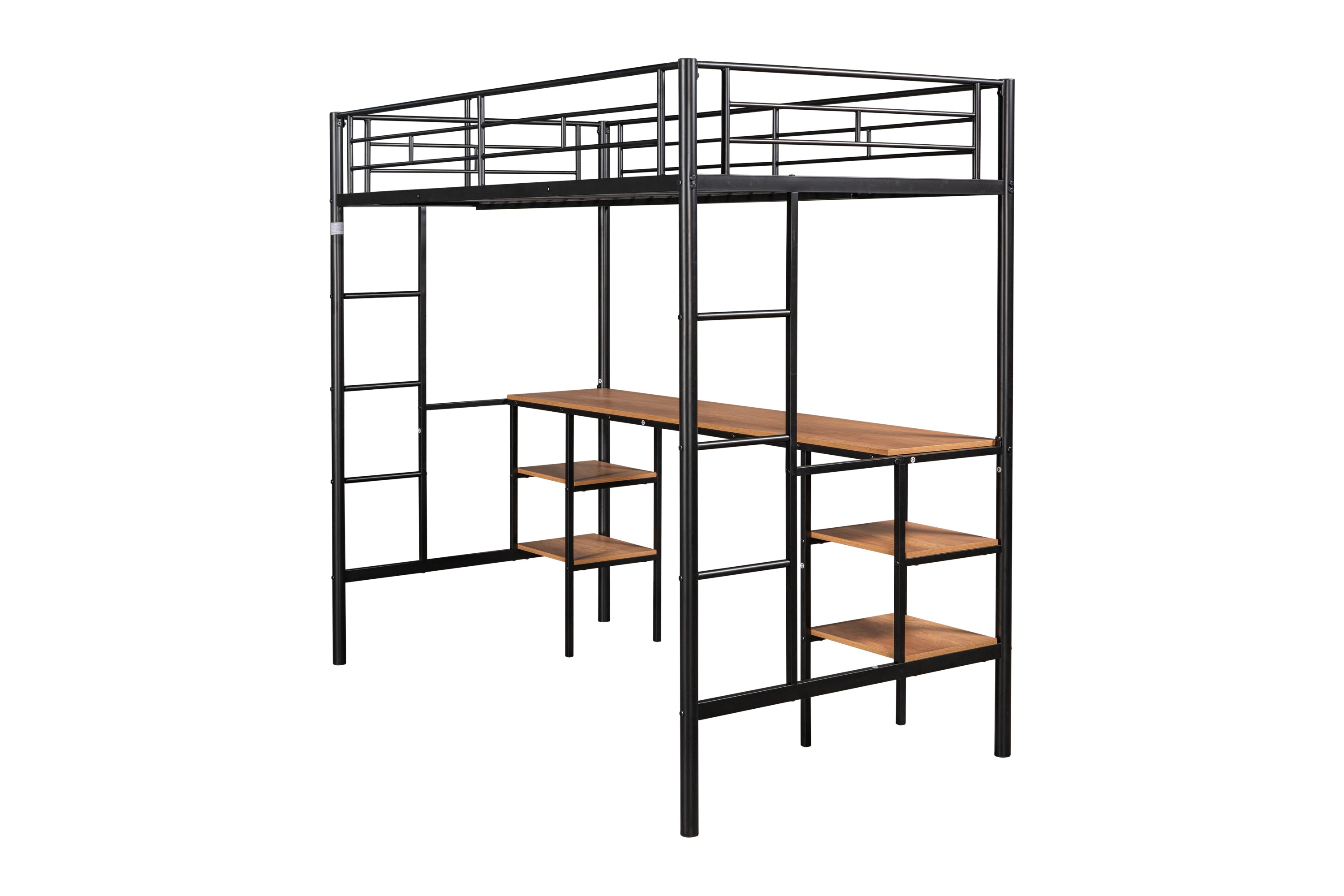 HAOYYE Twin-Size Loft Bed With Table And Shelves, Heavy-Duty Metal Construction, Noise-Reduced Design, Safety Guardrail, Two Side Ladders, CPC Certified, No Box Spring Required, Space-Saving Loft Bed For Modern Living Spaces