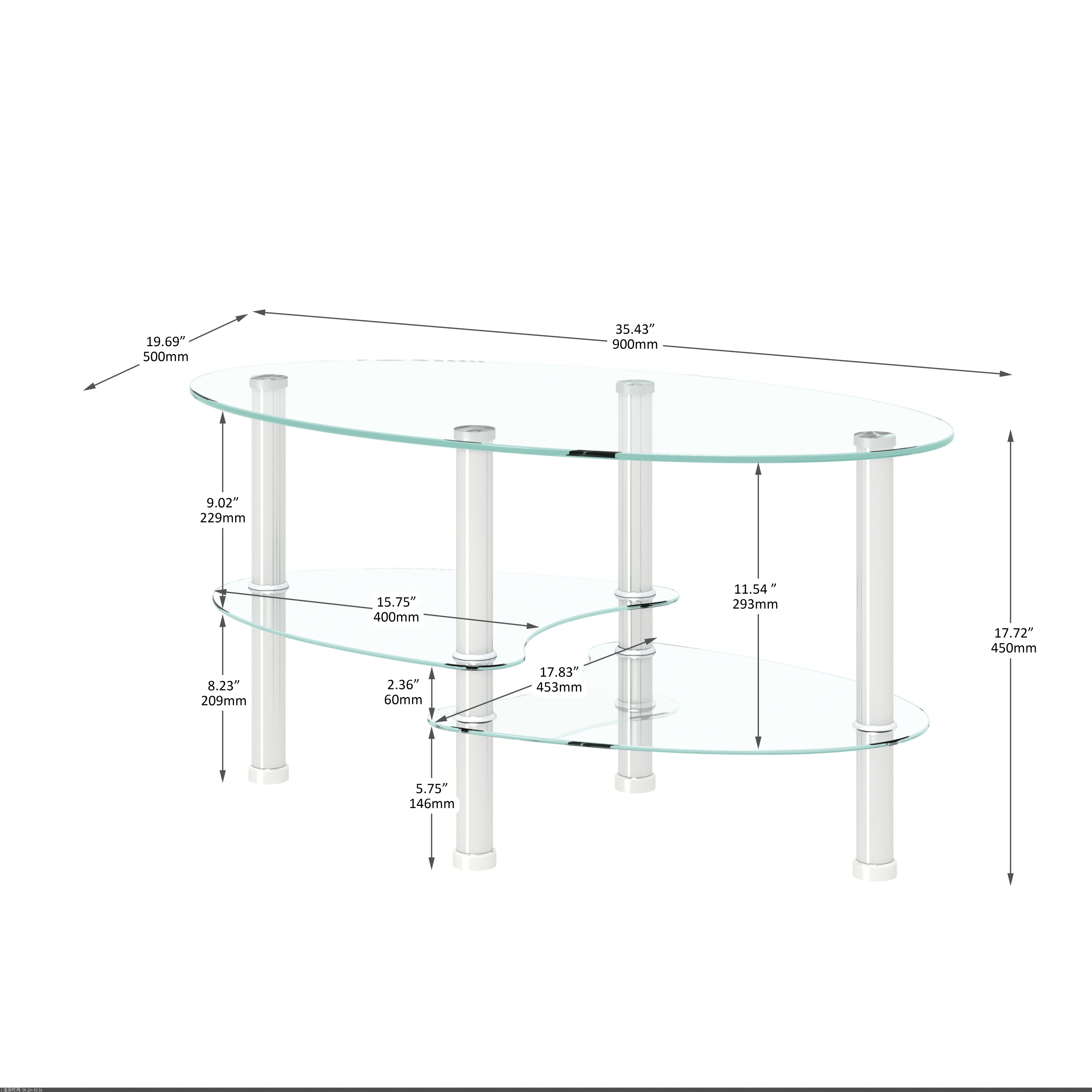HAOYYE Transparent Oval glass coffee table, modern table with stainless steel leg, tea table 3-layer glass table for living room Sturdy Space-Saving Heavy Duty Modern Design Adults Dorm Room