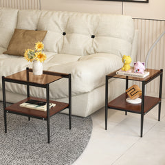 HAOYYE Modern Rectangle End Table Set of 2, Tempered Glass Tabletop With MDF Layer, Sturdy Space-Saving Heavy Duty Side Table For Living Room, Brown Finish, Easy Assembly
