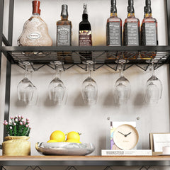 HAOYYE Industrial Wine Rack Bar Table, 3-Tier Liquor Bottle and Glass Holder with Storage Shelves, Metal and Wood Wine Organizer for Home Kitchen, Dining Room, and Living Room Sturdy Space-Saving Heavy Duty