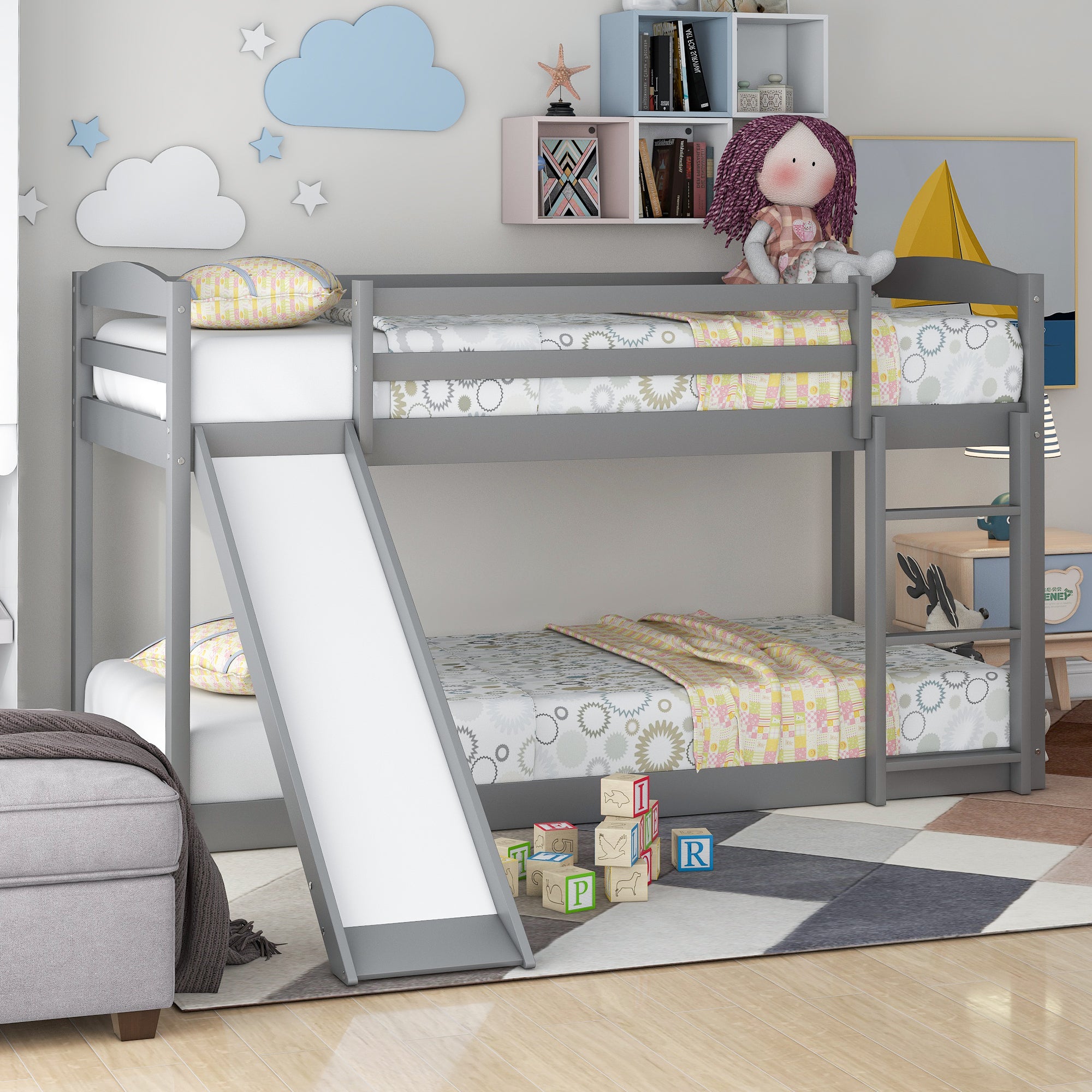 HAOYYE Twin over Twin Bunk Bed with Convertible Slide and Ladder , Gray(Old SKU:WF281725AAE) Sturdy Space-Saving Heavy Duty Modern Design Adults Dorm Room Easy Assembly Bedroom Furniture