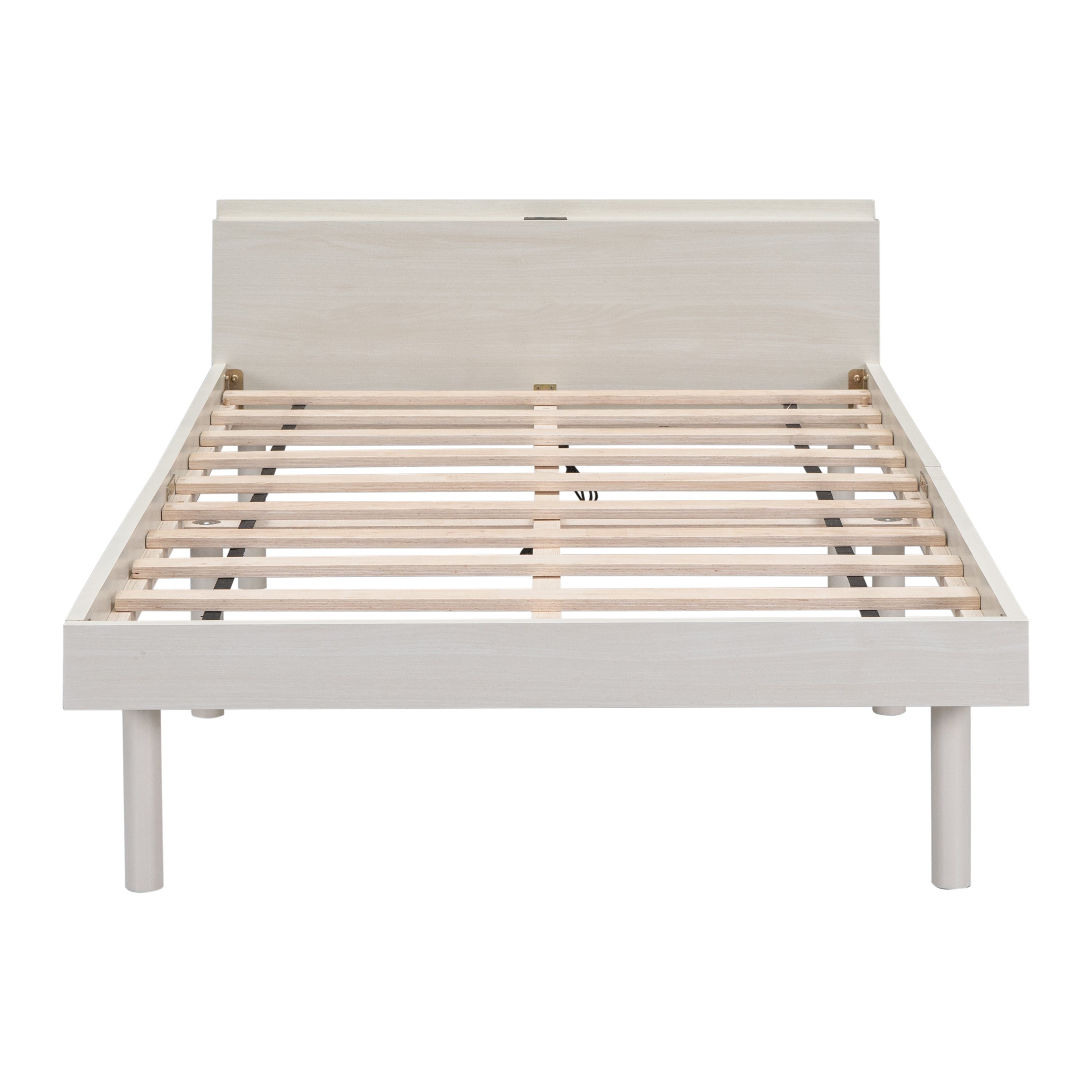 HAOYYE Modern Design Twin Size Platform Bed Frame with Built-in USB Ports for White Washed Color Sturdy Space-Saving Heavy Duty Adults Dorm Room Easy Assembly Bedroom Furniture
