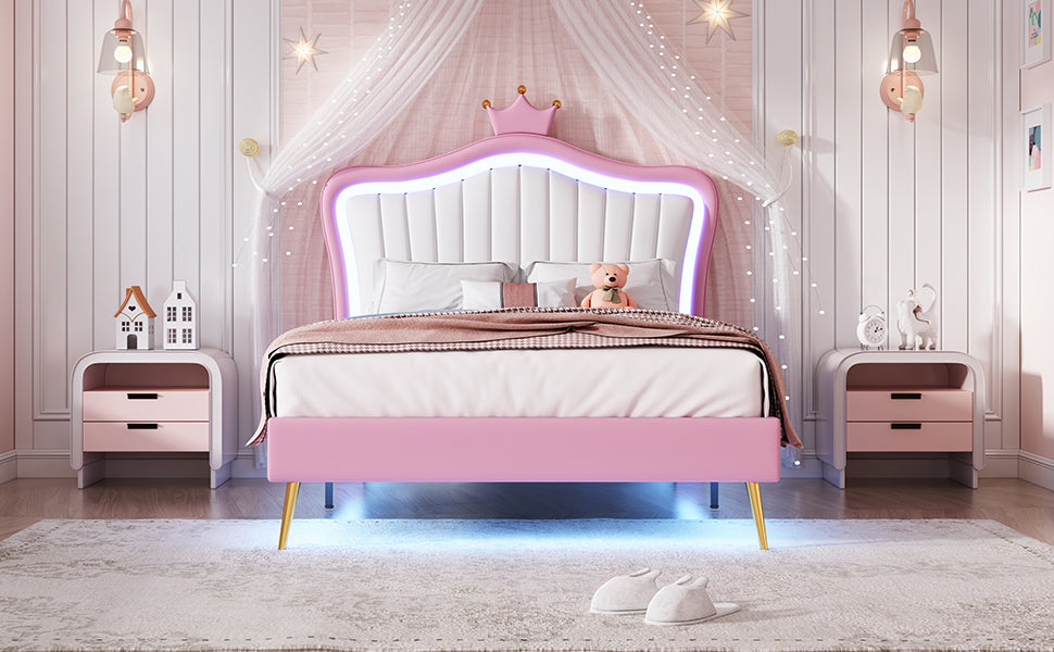 HAOYYE Twin Size Upholstered Bed Frame with LED Lights, Modern Upholstered Princess Bed With Crown Headboard,White+Pink Sturdy Space-Saving Heavy Duty Modern Design Adults Dorm Room Easy Assembly