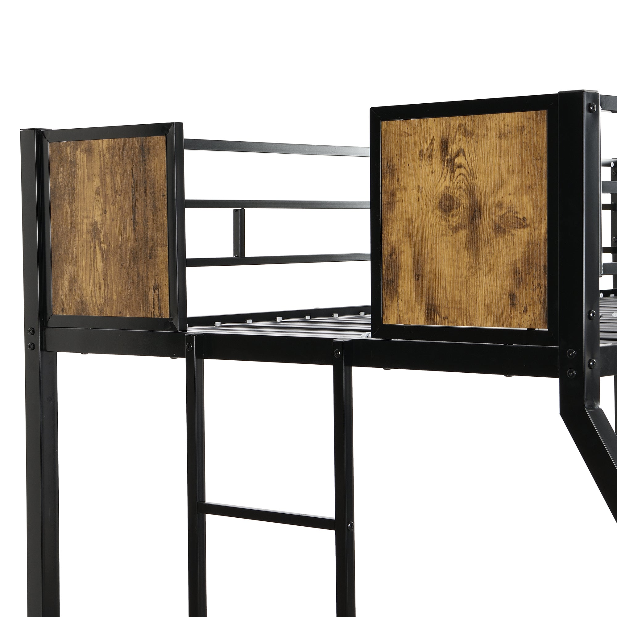 HAOYYE Twin Over FULL Metal Bunk Bed with Trundle 2 - Side Ladder and Full-Length Guardrail, No Box Spring Needed, Large Under Bed Storage, Easy Assemble , Black & Brown Sturdy Space-Saving Heavy Duty