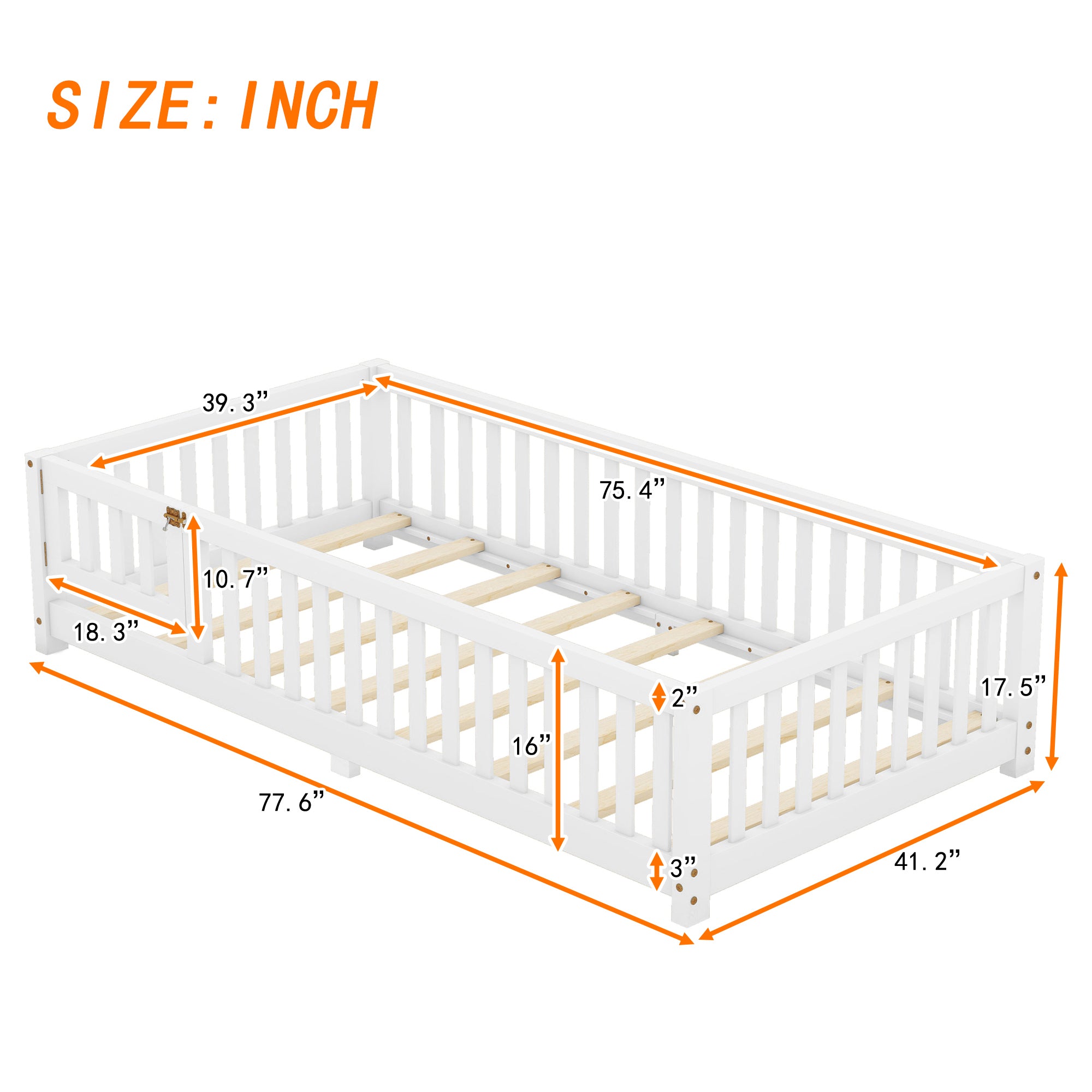 HAOYYE Twin Size Bed Floor Bed with Safety Guardrails and Door for , White(Old SKU:W158090683) Sturdy Space-Saving Heavy Duty Modern Design Adults Dorm Room Easy Assembly Bedroom Furniture