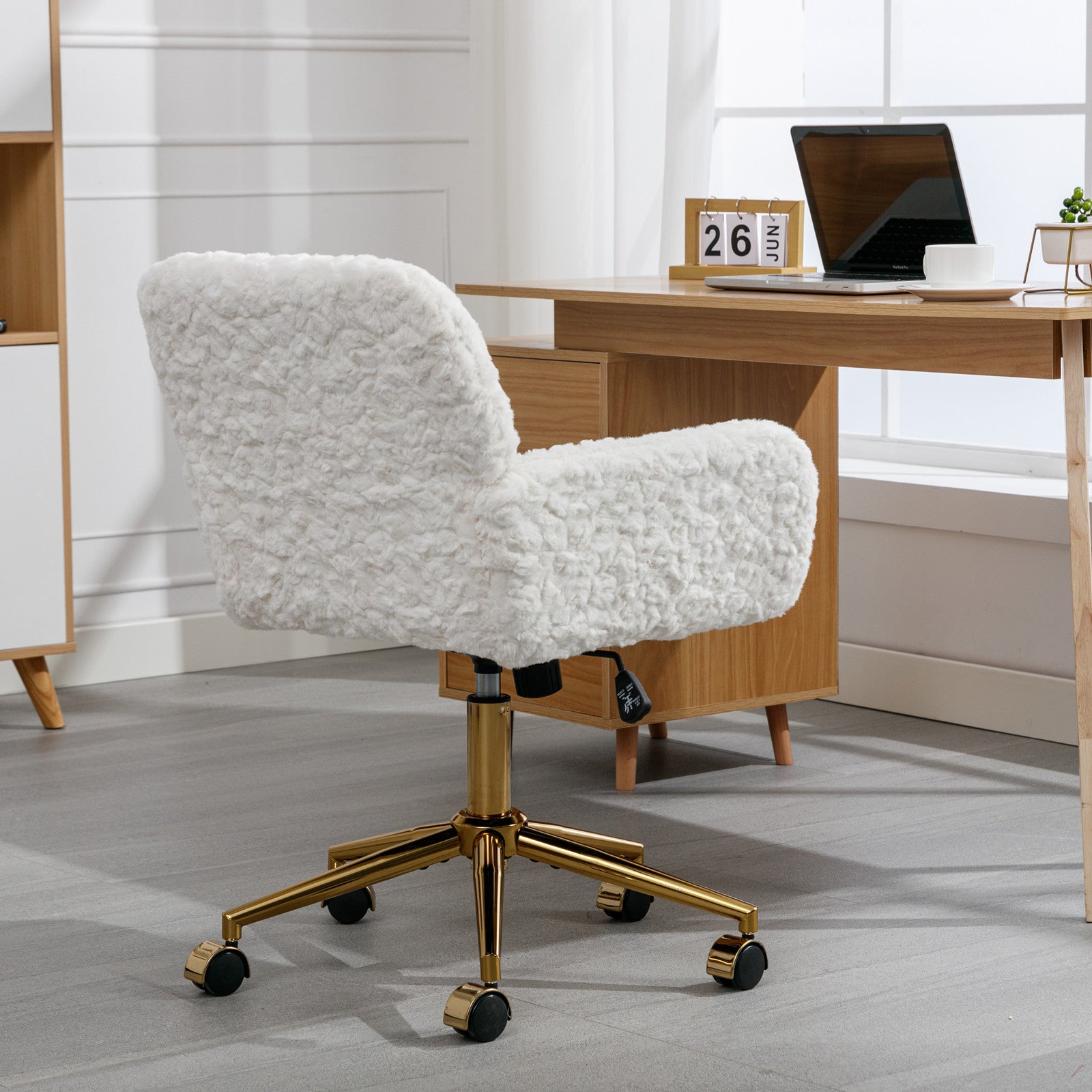 HAOYYE Artificial Rabbit Hair Home Office Chair With Golden Metal Base, Adjustable Swivel Desk Chair, Modern Beige Vanity Chair, Sturdy Space-Saving Heavy Duty Design