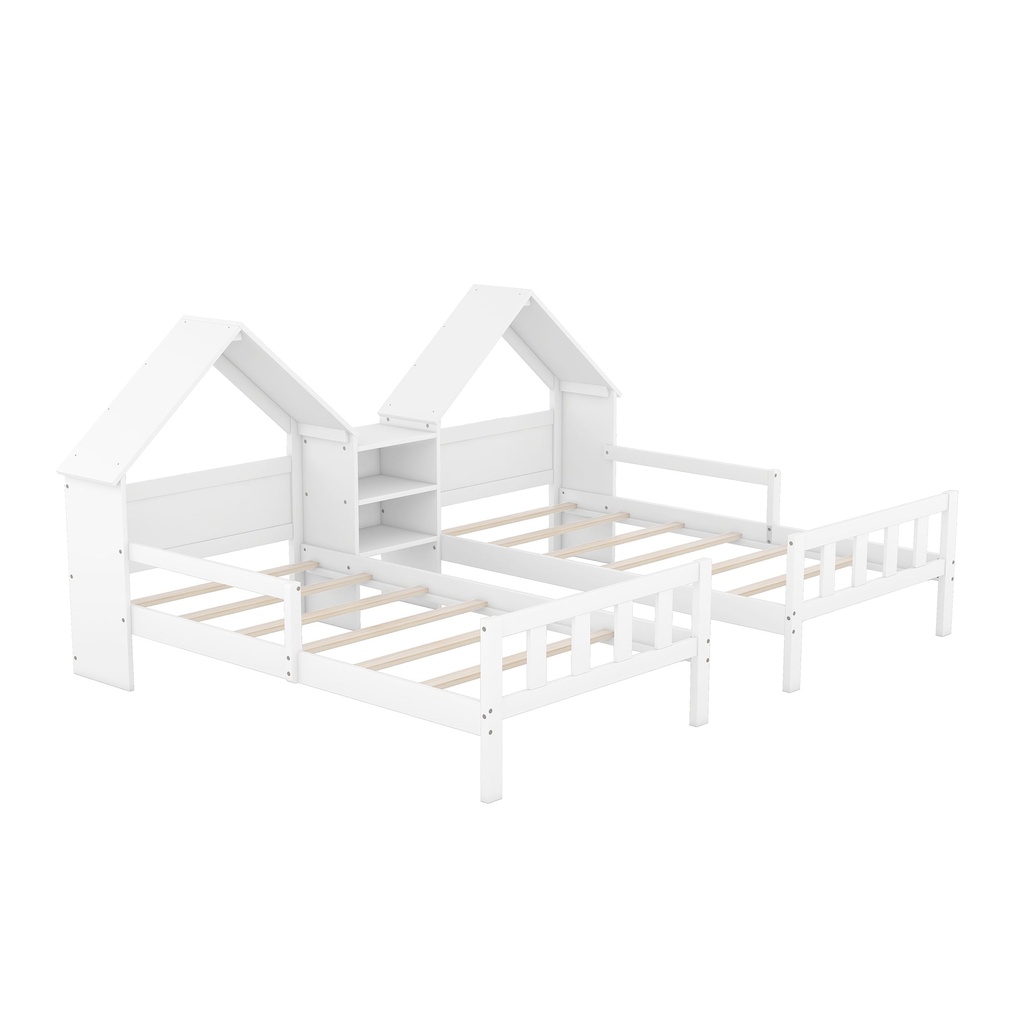 HAOYYE Double Twin Size Platform Bed with House-shaped Headboard and a Built-in Nightstand, White Sturdy Space-Saving Heavy Duty Modern Design Adults Dorm Room Easy Assembly Bedroom Furniture