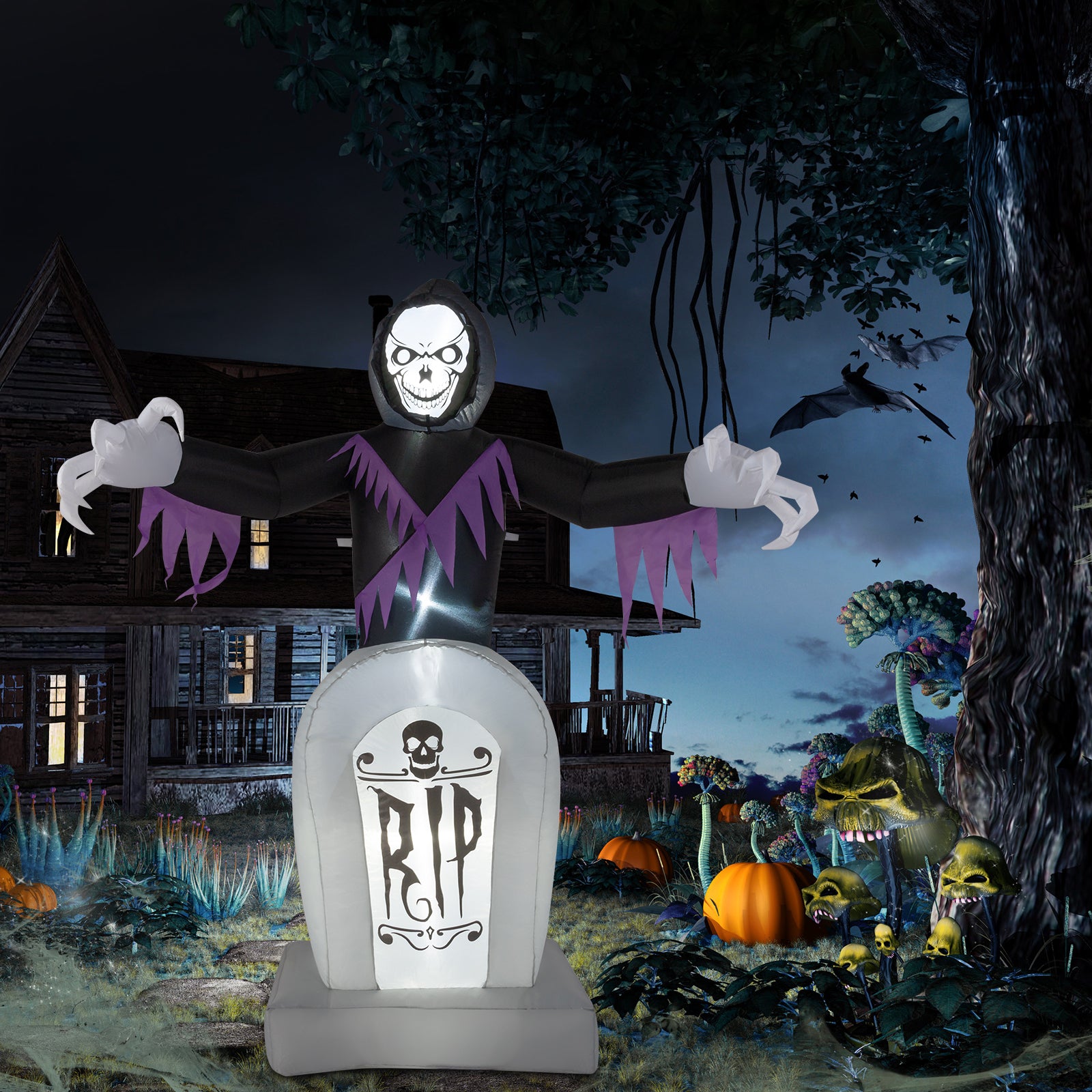 HAOYYE Halloween Inflatable Decoration Black 3-Piece Grim Reaper and Grave Set with LED String Lights Powerful Blower Easy Setup Waterproof Polyester for Garden Yard Lawn Patio Outdoor Party