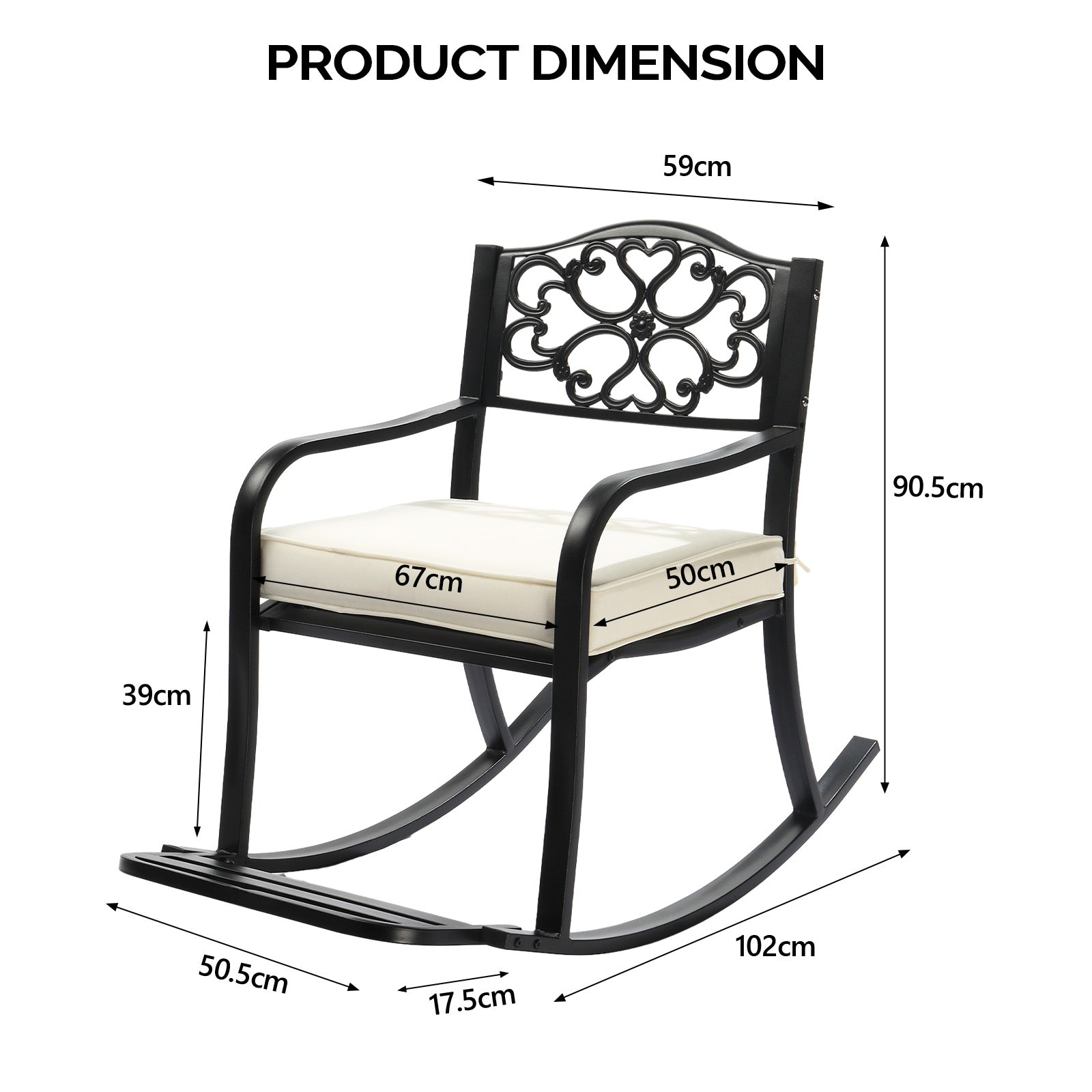 HAOYYE Metal Rocking Chair with Cushion and Footrest, Outdoor Patio Rocker Bench with Weatherproof Cast Iron Frame, Elegant Floral Backrest Rocking Seat for Garden, Porch, Deck, or Lawn Relaxation
