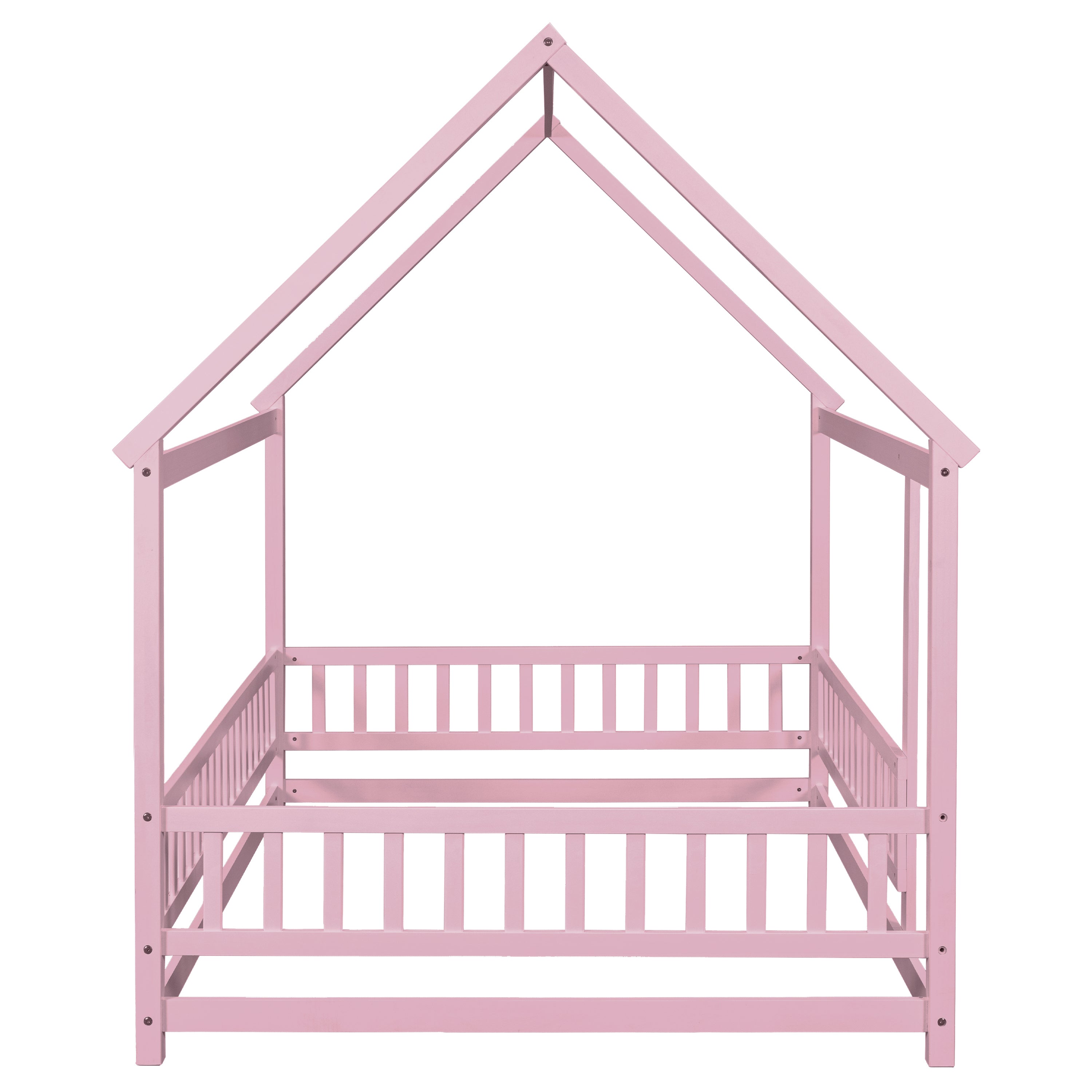 HAOYYE Full Size Floor Wooden Bed with House Roof Frame, Fence Guardrails ,Pink Sturdy Space-Saving Heavy Duty Modern Design Easy Assembly Durable Stylish Home Furniture Versatile