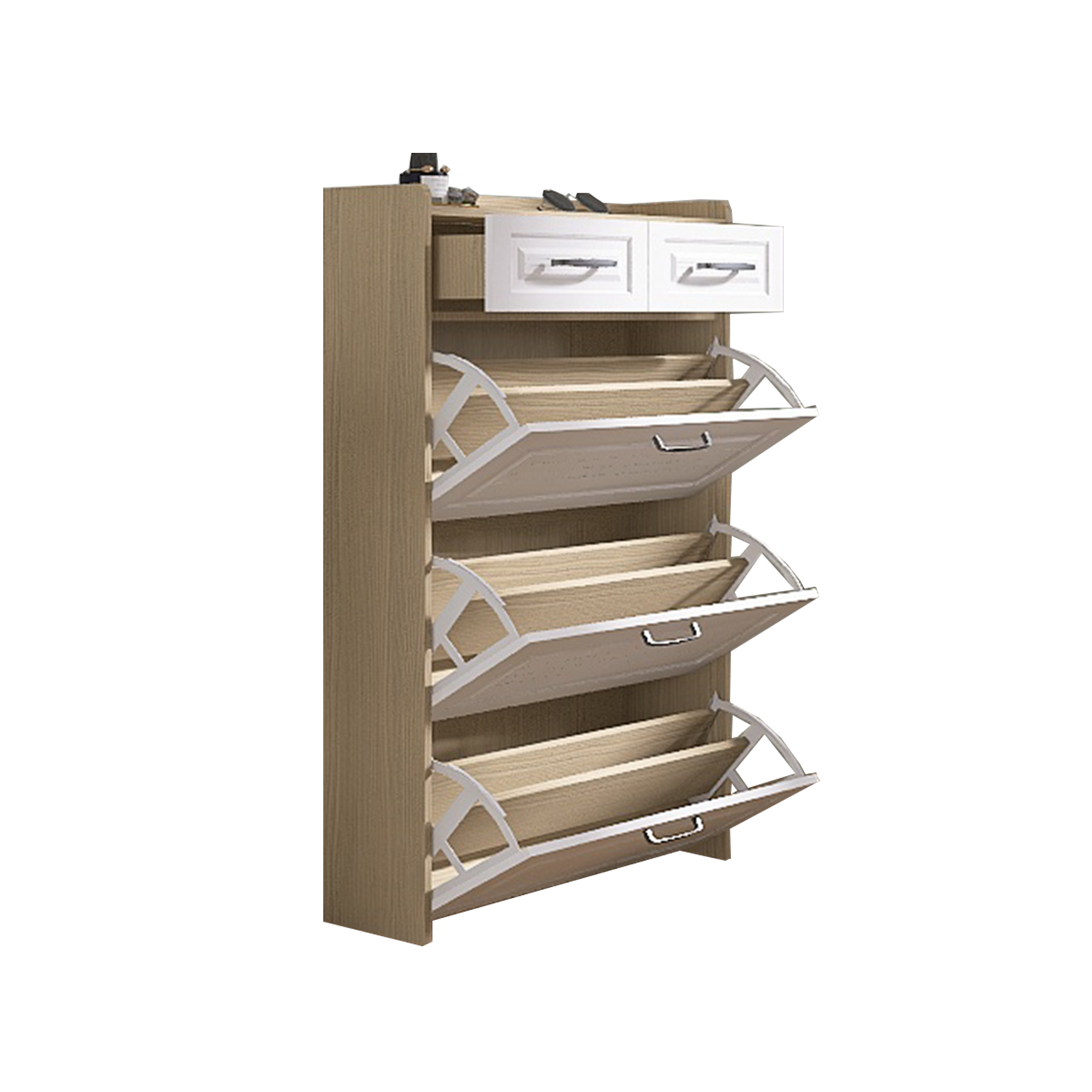 HAOYYE White and Oak Shoe Cabinet with 3 Doors and 2 Drawers, Large Storage Space, Sturdy Space-Saving Design, Heavy Duty Construction, Easy Assembly, Durable and Stylish Home Furniture