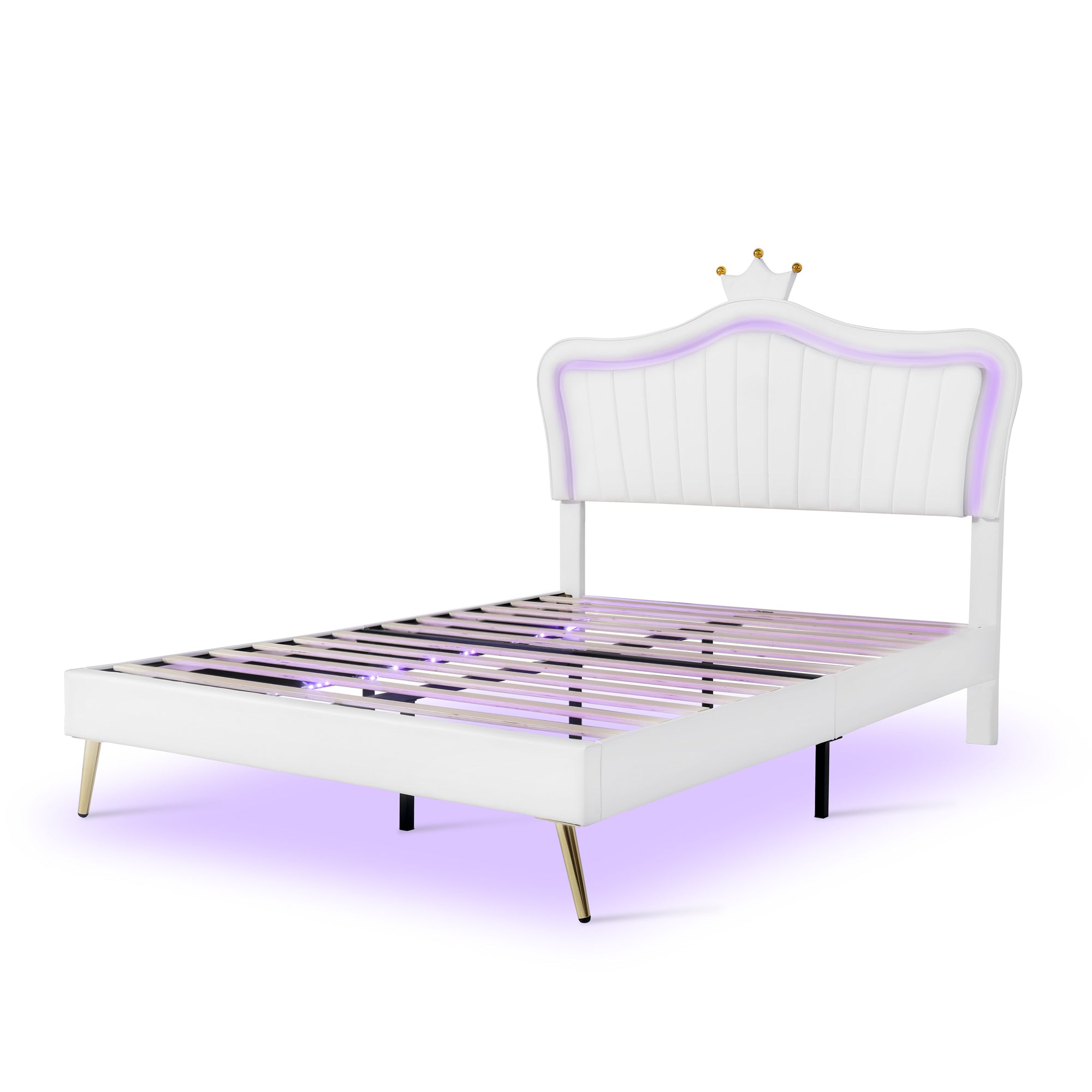 HAOYYE Queen Size Upholstered Bed Frame with LED Lights,Modern Upholstered Princess Bed With Crown Headboard,White Sturdy Space-Saving Heavy Duty Modern Design Adults Dorm Room Easy Assembly