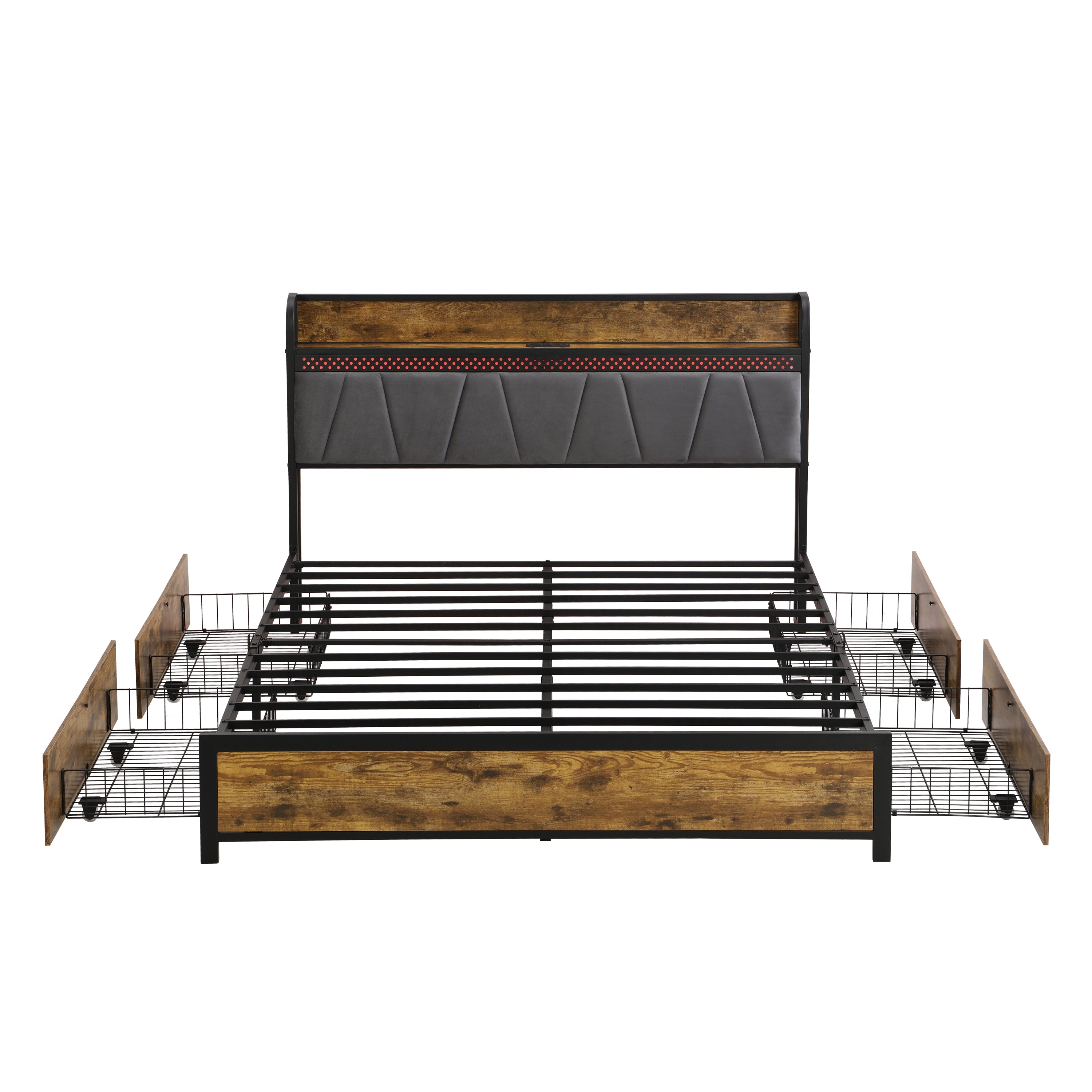 HAOYYE Full Size Bed Frame with Storage Headboard, Charging Station, LED Lights, and Four Drawers, Brown and Gray, Sturdy Space-Saving Design, Heavy Duty Construction, Modern Stylish Home Furniture