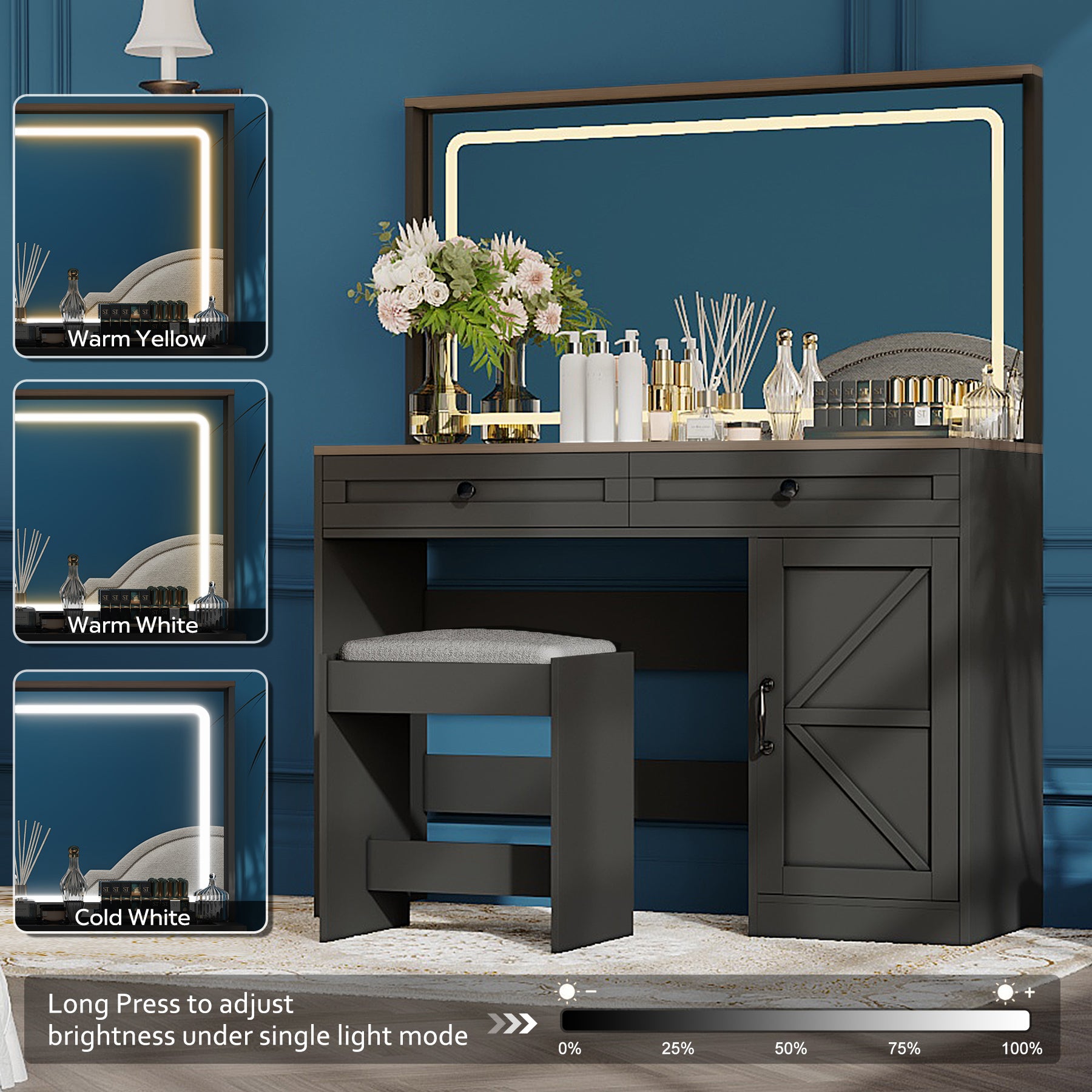HAOYYE Makeup Vanity Table with LED Light, Large Mirror, Adjustable Brightness, Dressing Table Desk with 3 Drawers, Black Vanity Desk with Stool, Sturdy Space-Saving Design