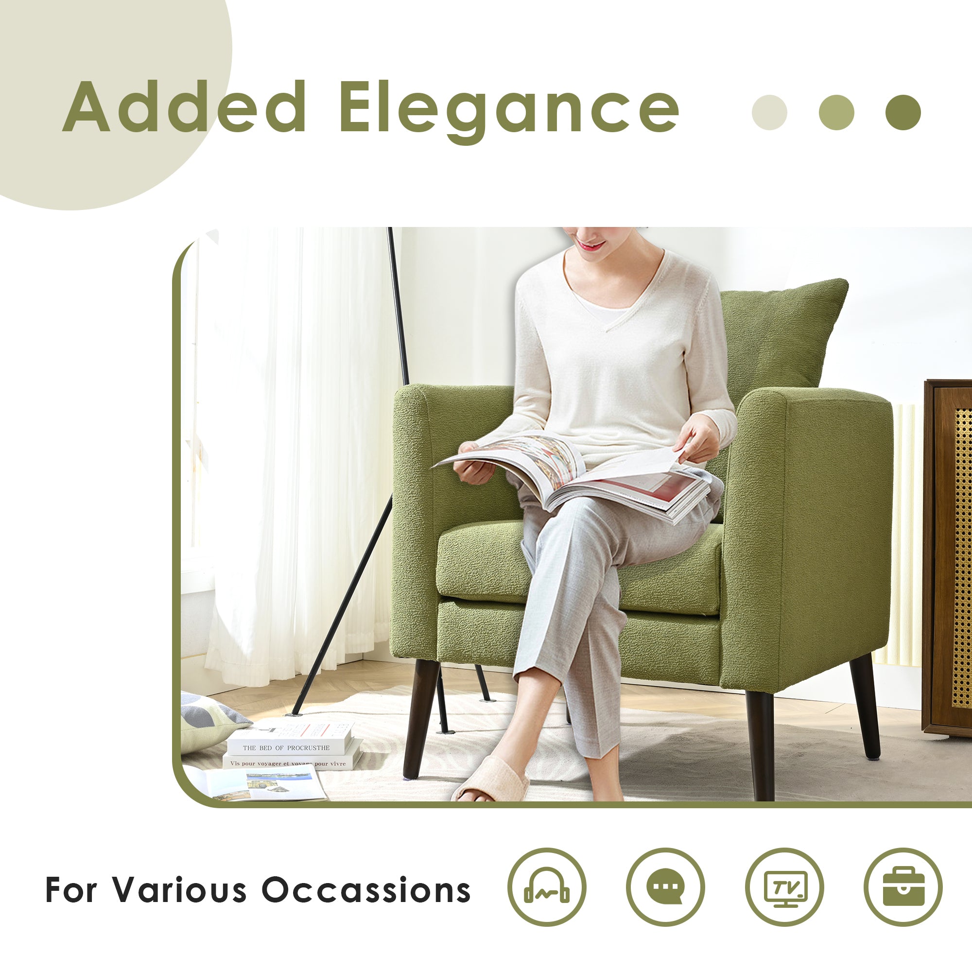 HAOYYE Barrel Chair, Modern Accent Chair, Fabric Armchair Club Chair,Upholstered Arm Chair with Solid Wood Legs,Waist Pillow,Padded Single Chair for Living Room/Bedroom/Study/Waiting Room,Olive Green Sturdy