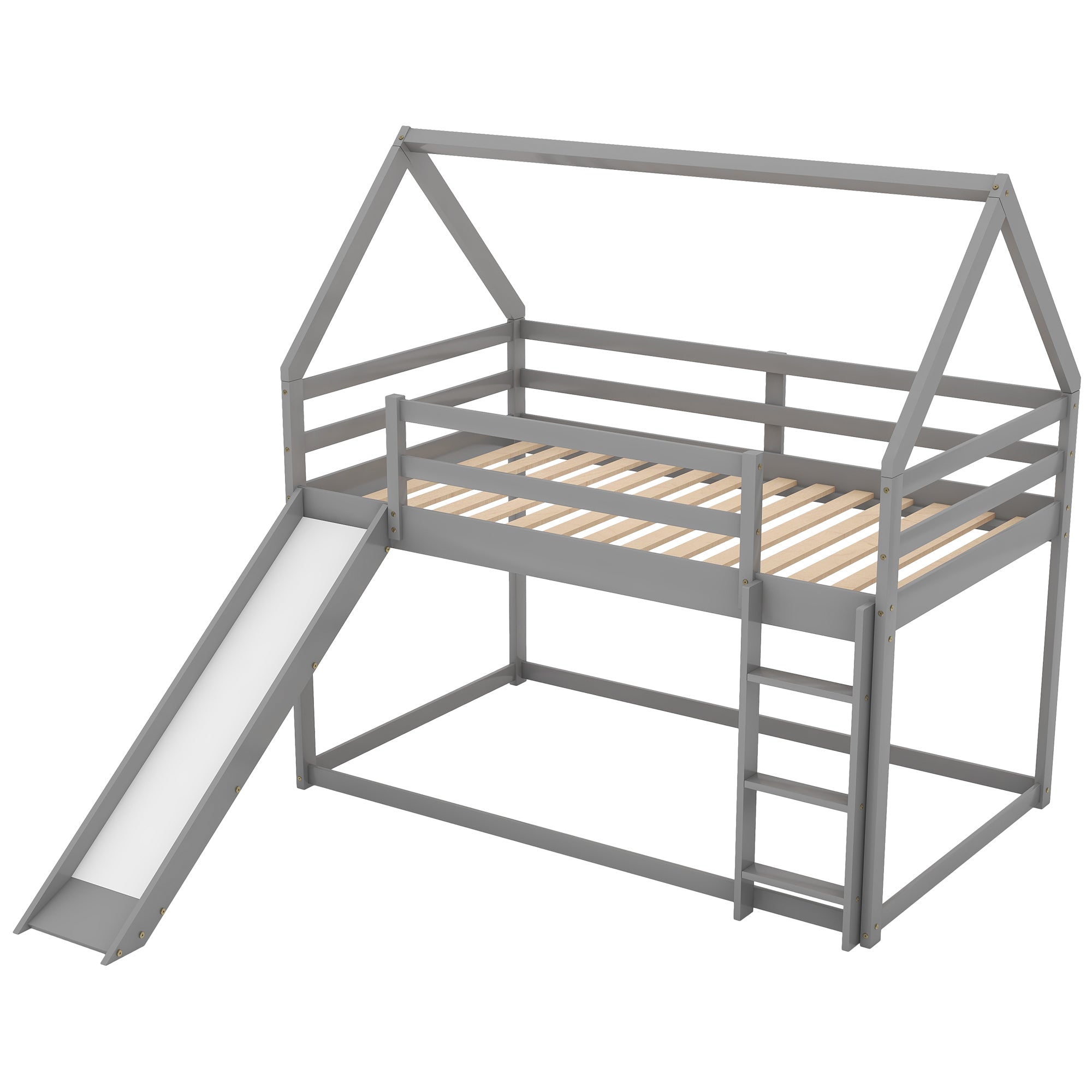 HAOYYE Twin Size Bunk House Bed with Slide and Ladder,Gray Sturdy Space-Saving Heavy Duty Modern Design Adults Dorm Room Easy Assembly Bedroom Furniture