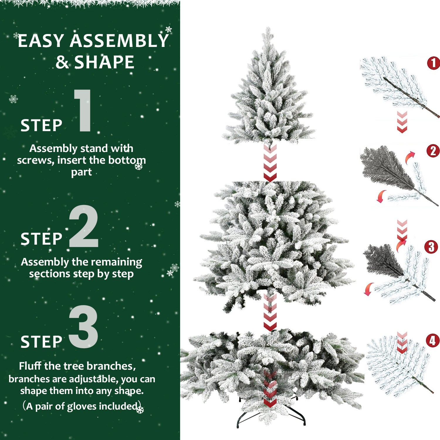 HAOYYE 6FT PE&PVC Flocked Artificial Christmas Tree ,With 1100 branch tips and metal stand,Foldable Fake Tree with Realistic Snowy Foliage for Home Decoration Sturdy Space-Saving Heavy Duty Modern Design