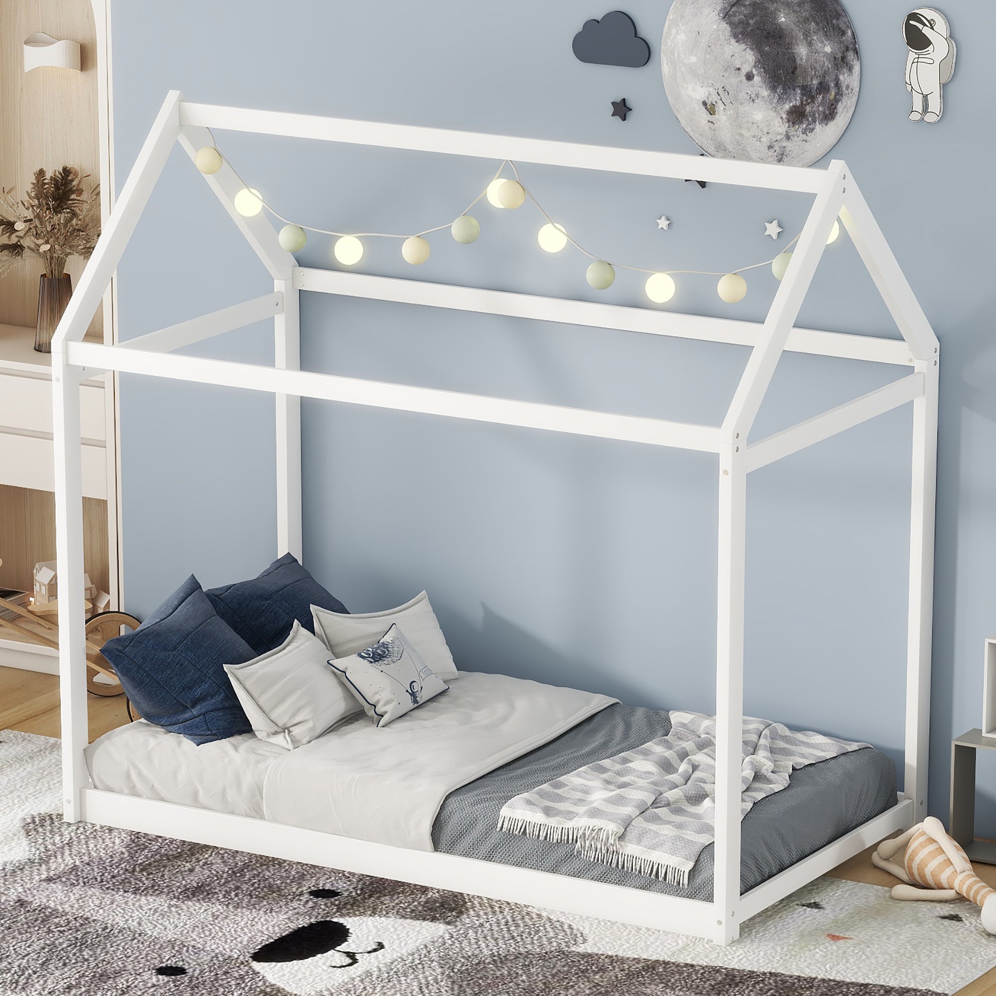HAOYYE Twin Size Wooden House Bed, White Sturdy Space-Saving Heavy Duty Modern Design Adults Dorm Room Easy Assembly Bedroom Furniture