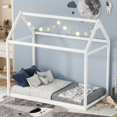 HAOYYE Twin Size Wooden House Bed, White Sturdy Space-Saving Heavy Duty Modern Design Adults Dorm Room Easy Assembly Bedroom Furniture