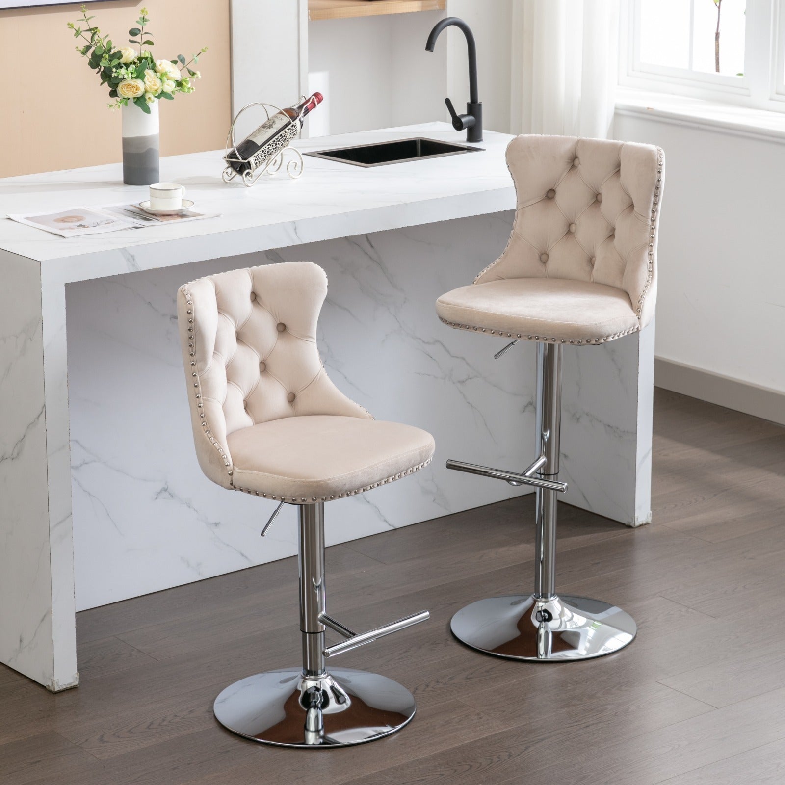 HAOYYE Swivel Velvet Barstools, Adjustable Seat Height 25-33 Inch, Modern Upholstered Chrome Base Bar Stools with Tufted Backs, Comfortable Set of 2 for Home, Pub, Kitchen Island, Beige, Sturdy Design