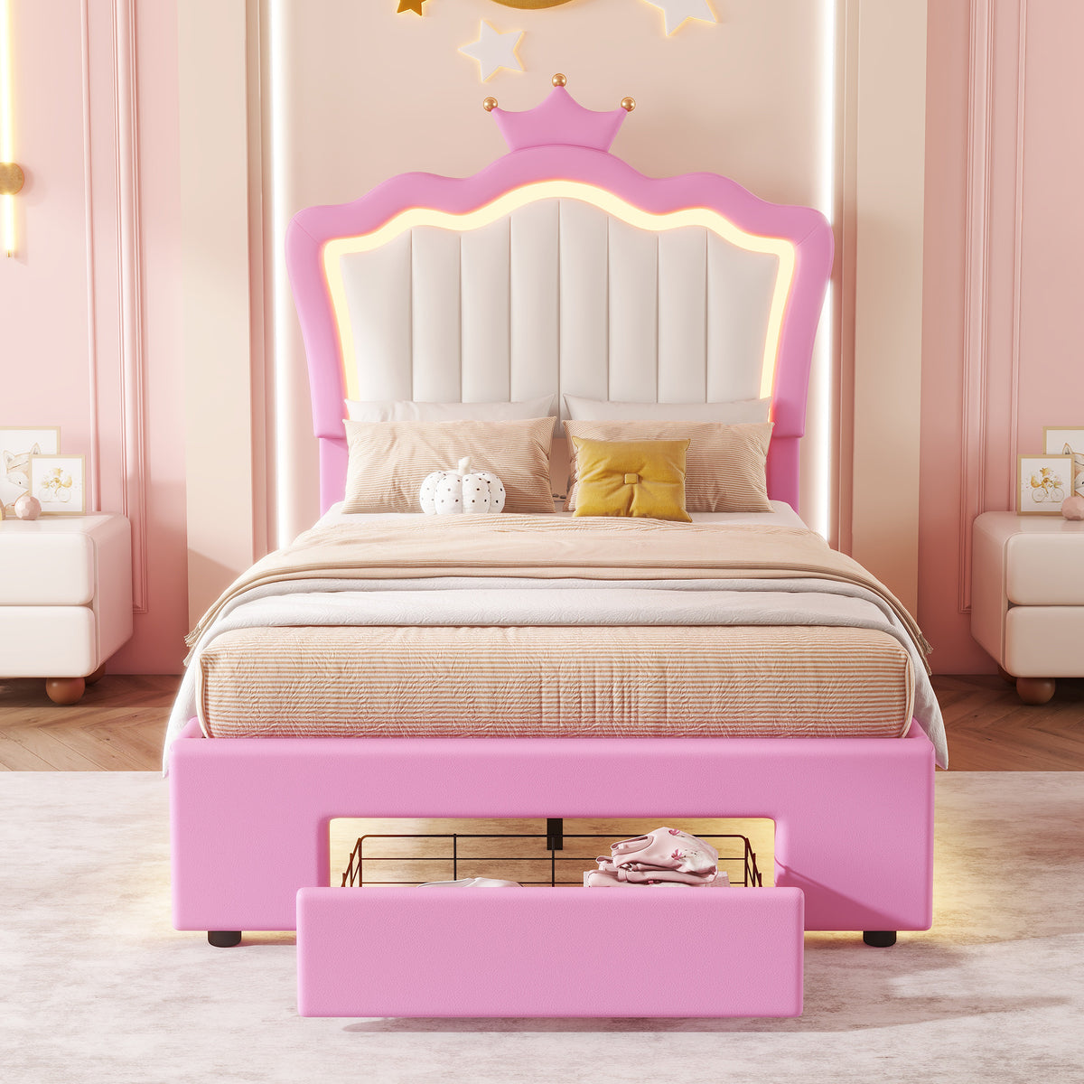 HAOYYE Twin Size Upholstered Bed Frame With LED Lighting, Modern Princess Bed With Crown Headboard And Storage Drawer, Pink And White, Sturdy Space-Saving Heavy Duty Design For Adults And Dorm Rooms