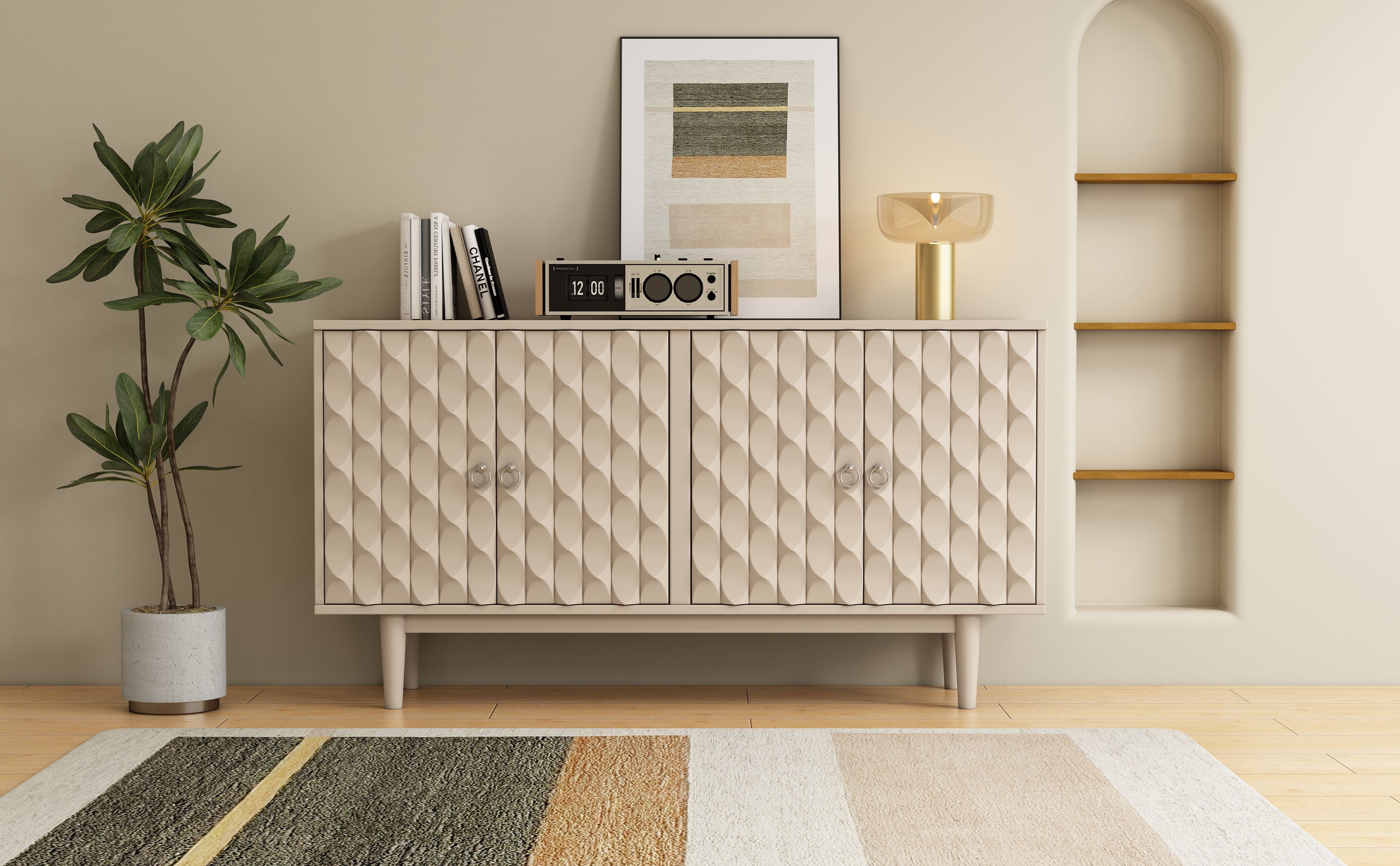 HAOYYE Modern 4-door Sideboard with Convex Pattern Doors and 2 Silver Handle for Living Room, Dining Room, Kitchen (Almond) Sturdy Space-Saving Heavy Duty Modern Design Easy Assembly Durable Stylish