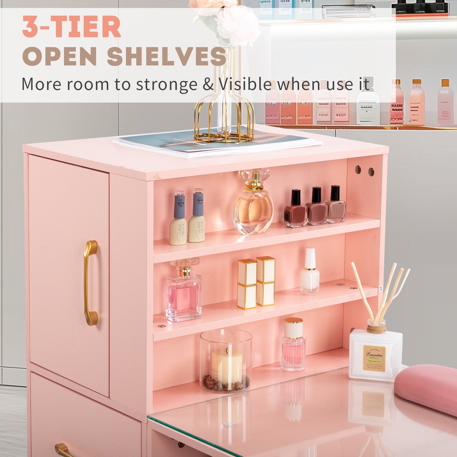 HAOYYE Pink Nail Table with Tempered Glass Top and Relief Particle Board Finish, Featuring Three Doors and Two Drawers, Fanless Quiet Design Perfect for Salon Manicure Station or Home Beauty Workspace