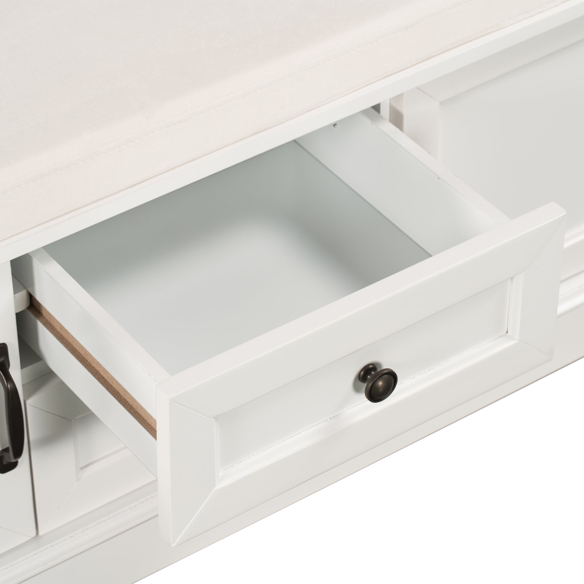 HAOYYE Storage Bench with 2 Drawers and Cabinets, Shoe Bench with Removable Cushion for Living Room, Entryway, Sturdy Space-Saving Heavy Duty Modern Design, White, Easy Assembly for Adults and Dorm Rooms