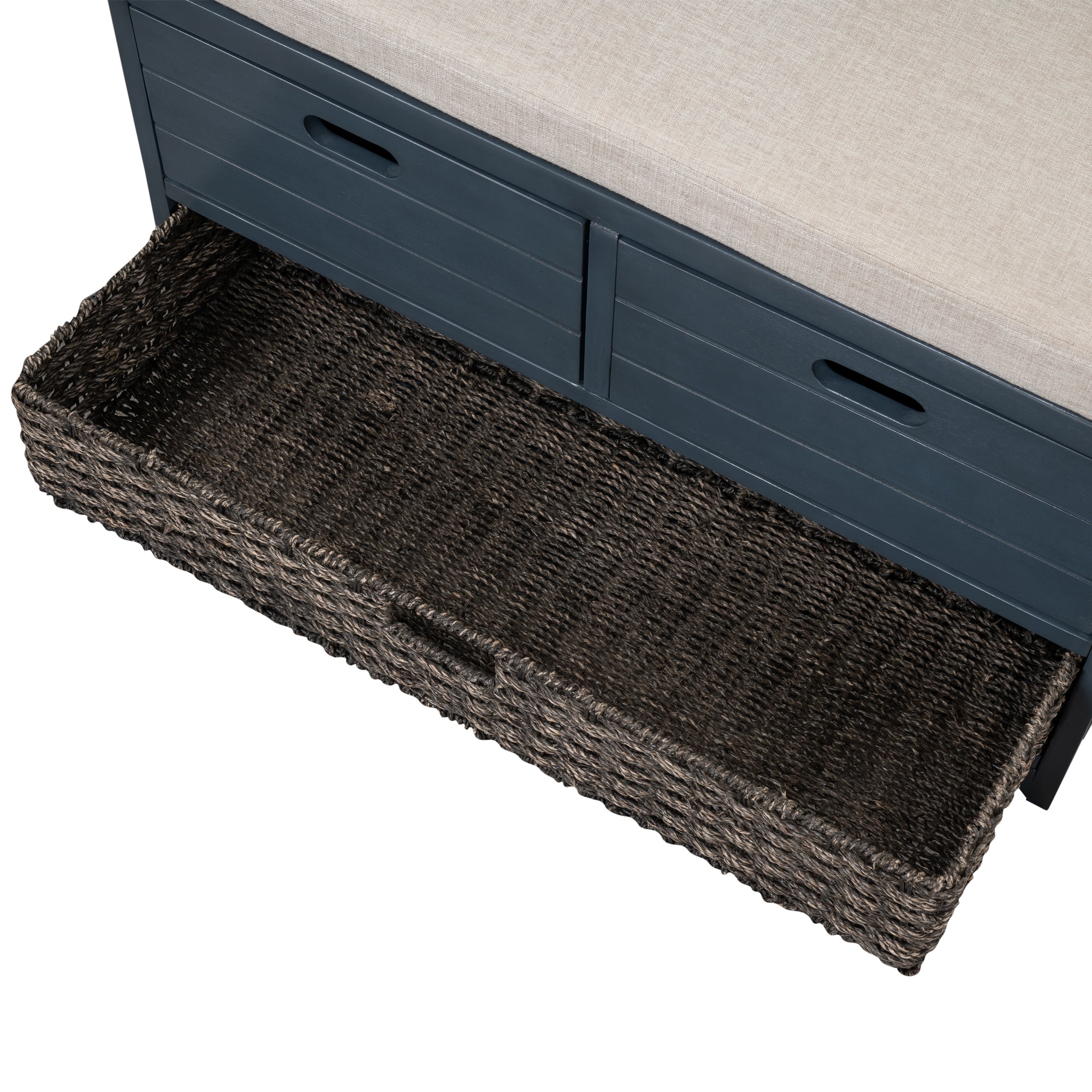 HAOYYE Storage Bench with Removable Basket and Two Drawers, Fully Assembled Shoe Bench with Removable Cushion, Navy, Sturdy Space-Saving Design, Heavy Duty Construction, Easy Assembly, Durable and Stylish Home Furniture