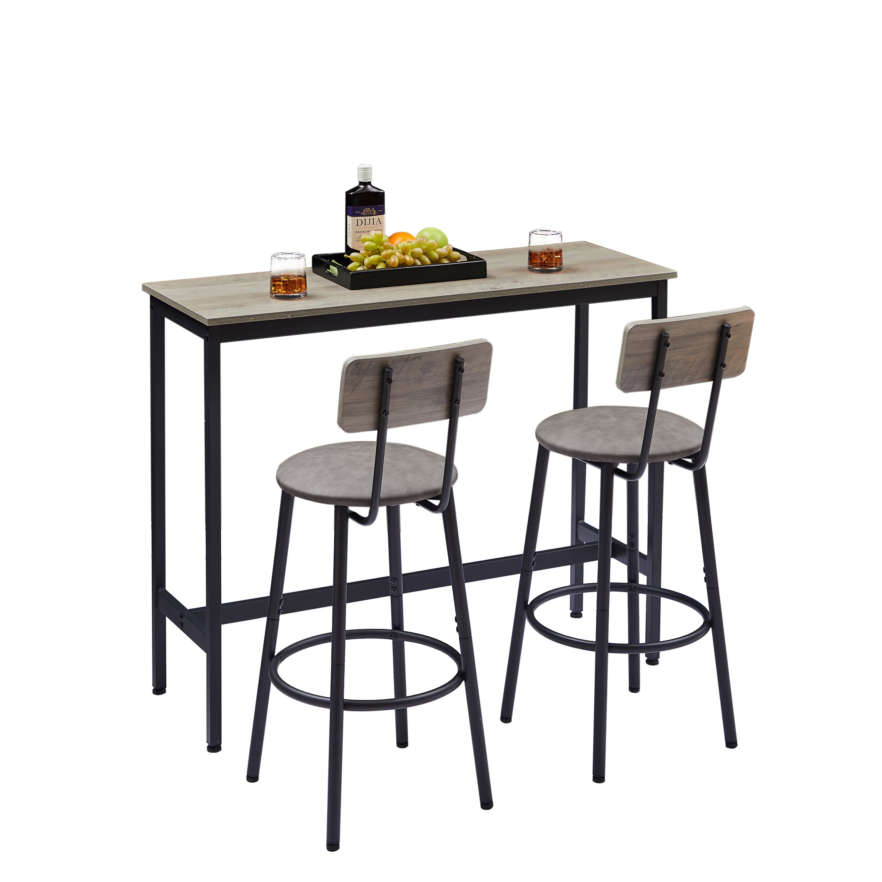 HAOYYE Bar Table Set with 2 Bar Stools, PU Soft Seat with Backrest, Modern Design, Sturdy Space-Saving Furniture for Kitchen, Dining Room, Office, Dorm Room, Easy Assembly, Gray Color