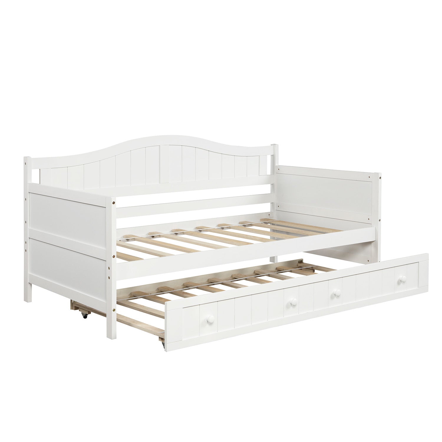 HAOYYE Twin Wooden Daybed with Trundle Bed White Durable Sturdy Space-Saving Heavy Duty Modern Design Easy Assembly Stylish Versatile Sofa Bed for Bedroom and Living Room