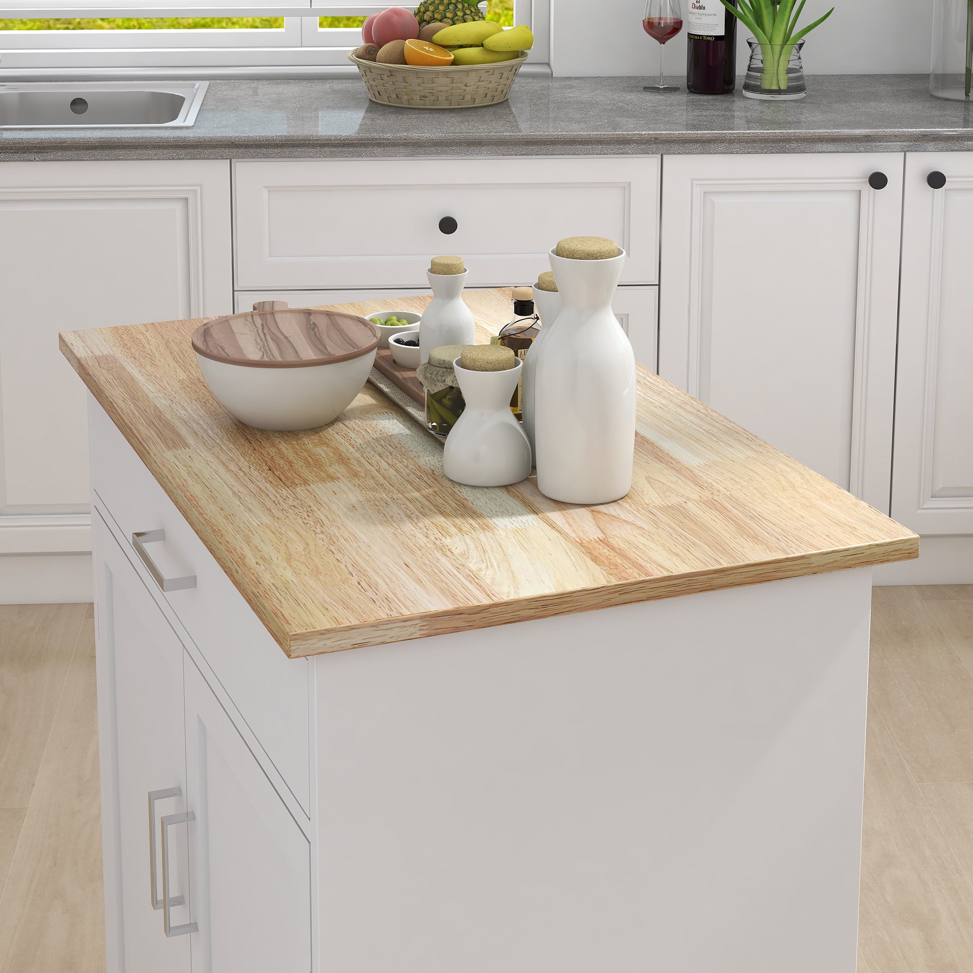 HAOYYE Kitchen island rolling trolley cart with Adjustable Shelves and towel rack rubber wood table top Sturdy Space-Saving Heavy Duty Modern Design Easy Assembly Durable Stylish Home Furniture Versatile