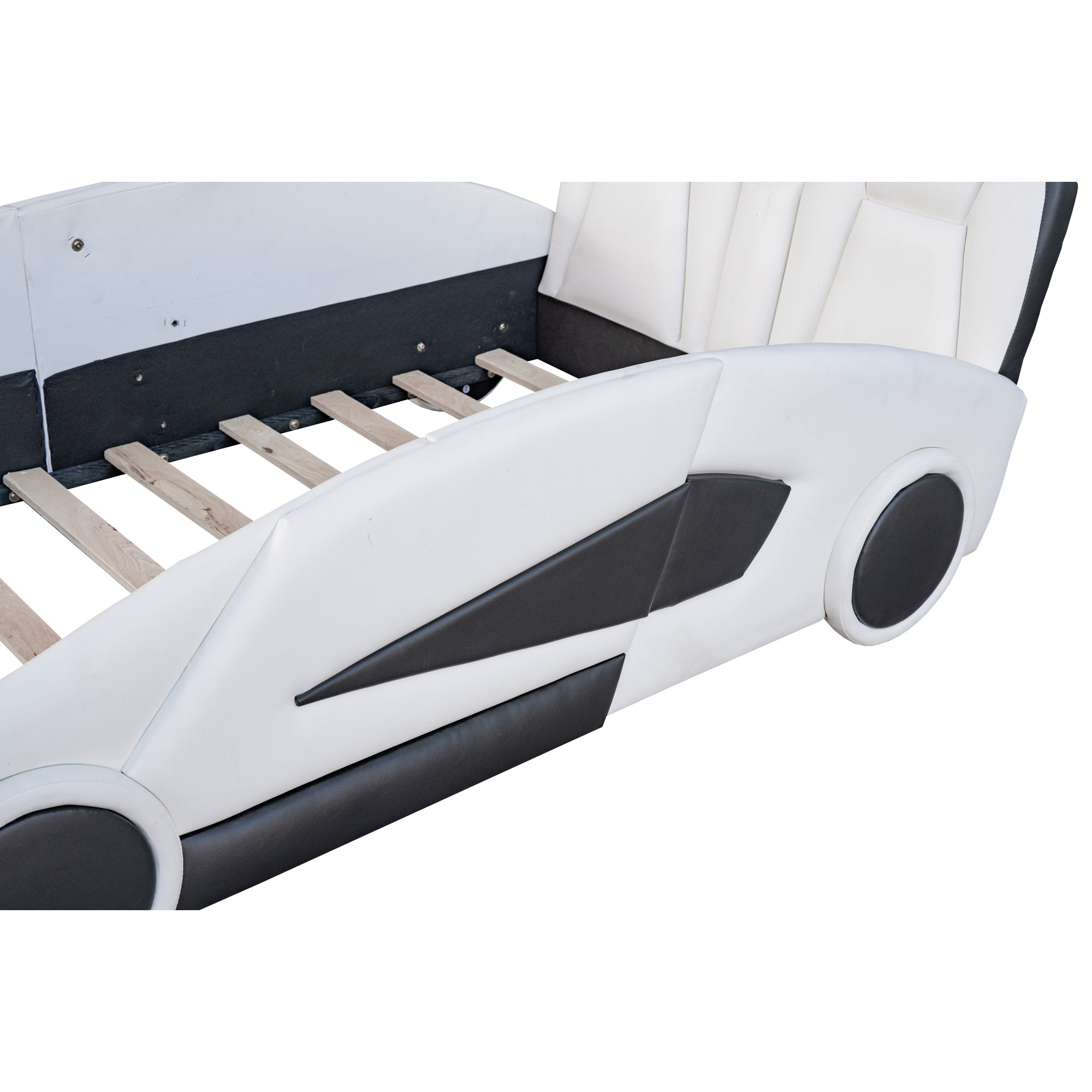 HAOYYE Twin Size Race Car-Shaped Platform Bed with Wheels, White Sturdy Space-Saving Heavy Duty Modern Design Adults Dorm Room Easy Assembly Bedroom Furniture